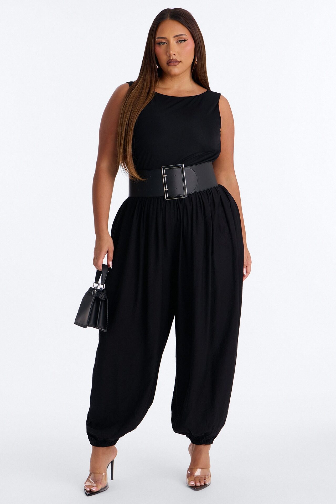 Lacy Belted Balloon Jumpsuit - Black