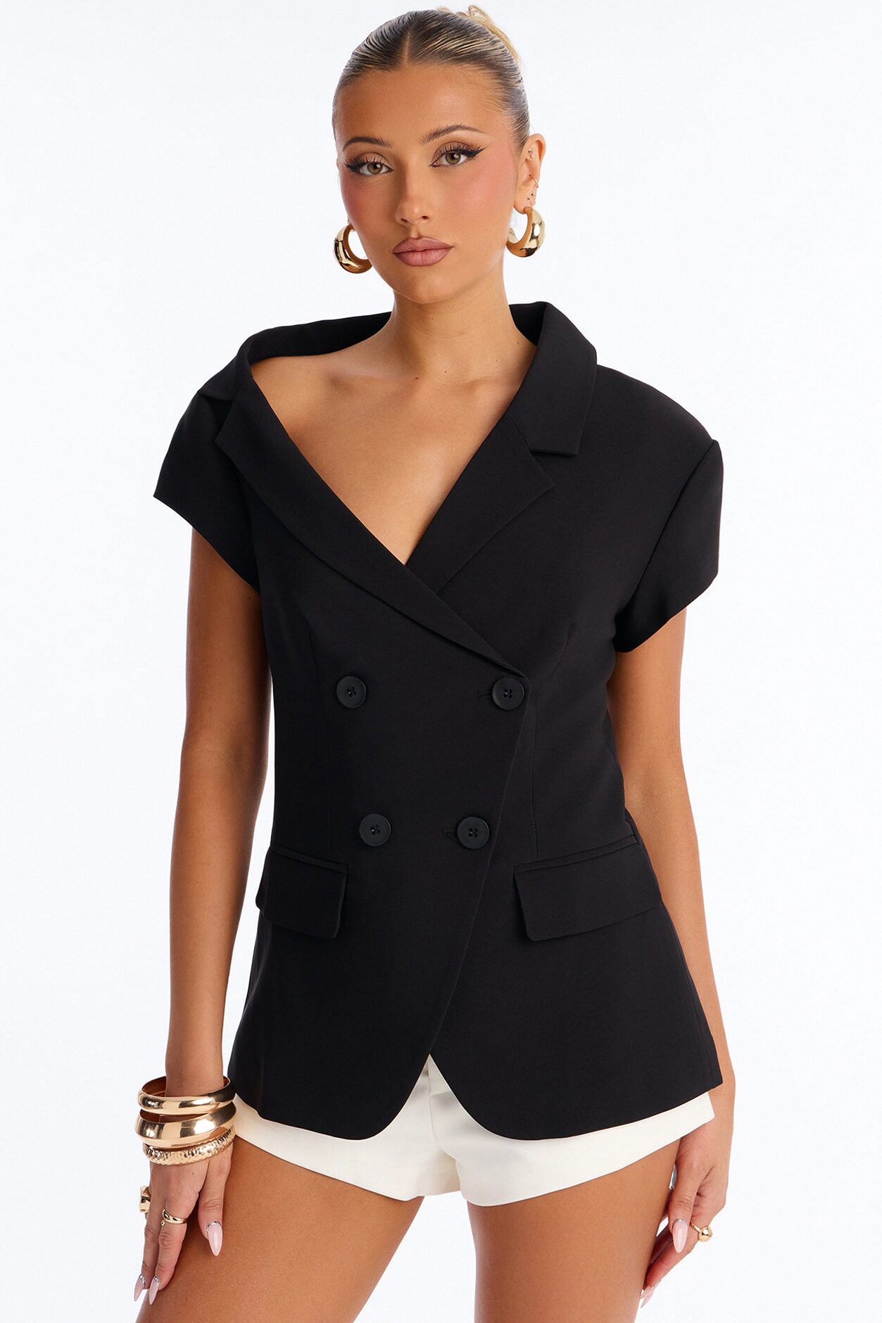 Valerie Asymmetrical Neckline Short Sleeve Blazer - Black