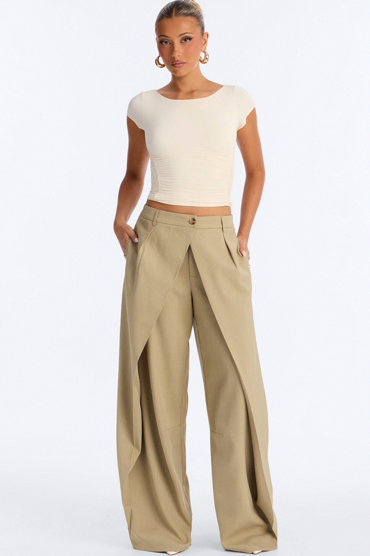 Margaret Solid Wide Leg Front Wrap Trouser Pant - Sage