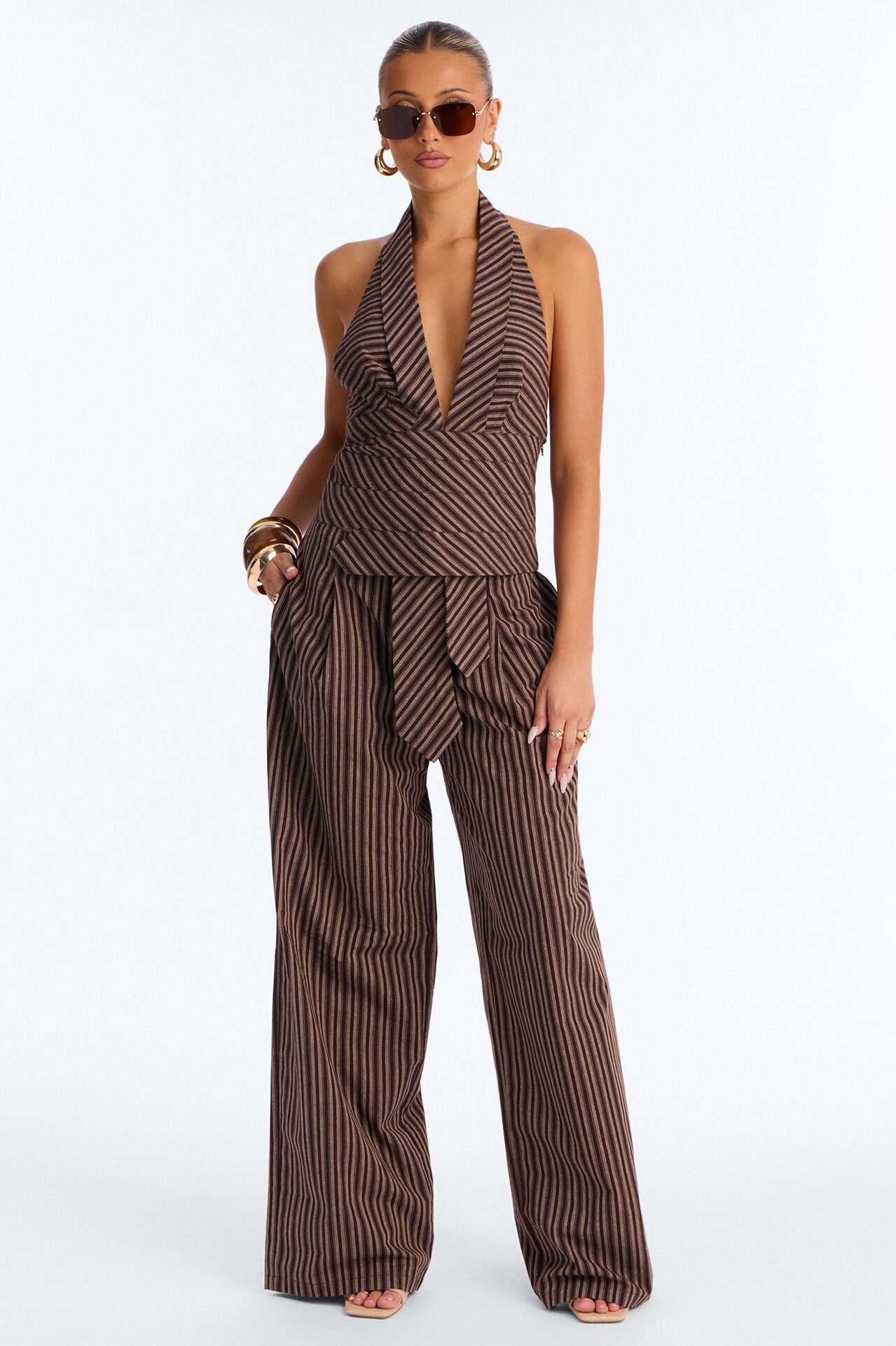 No Ties Linen Halter Pant Set - Brown