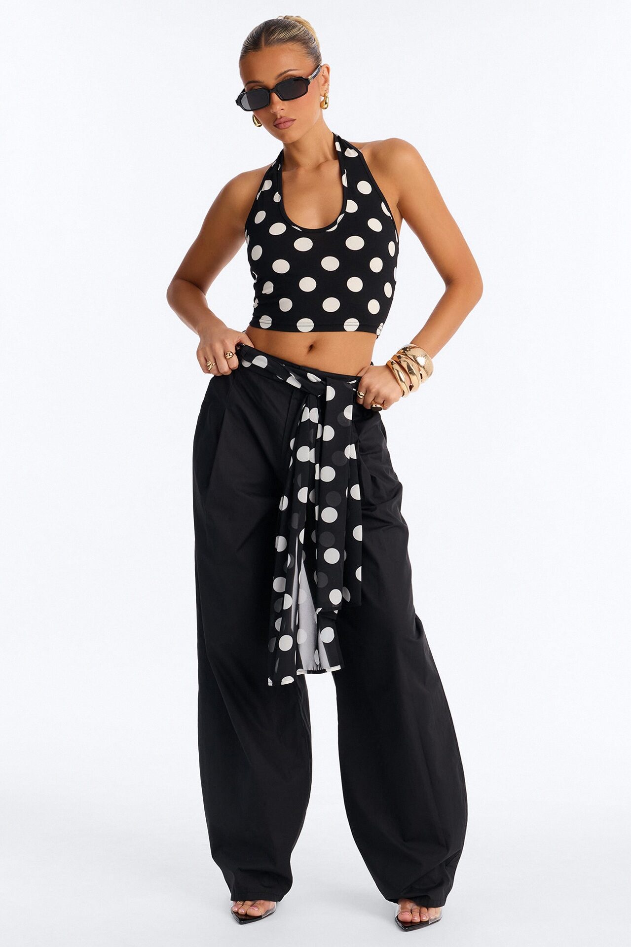 Cleo Polka Dot Belted Barrel Pant Set - Black/combo