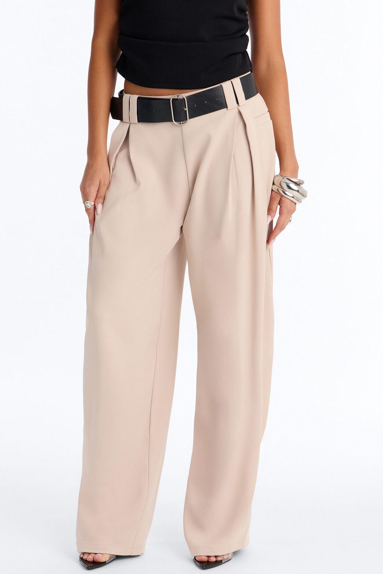 Diana Belted Wide Leg Pleated Trouser - Beige