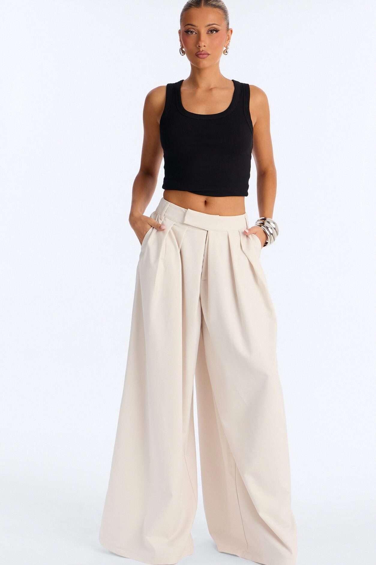 The Kayne Pleated Crossover Wide Leg Pant - Ivory