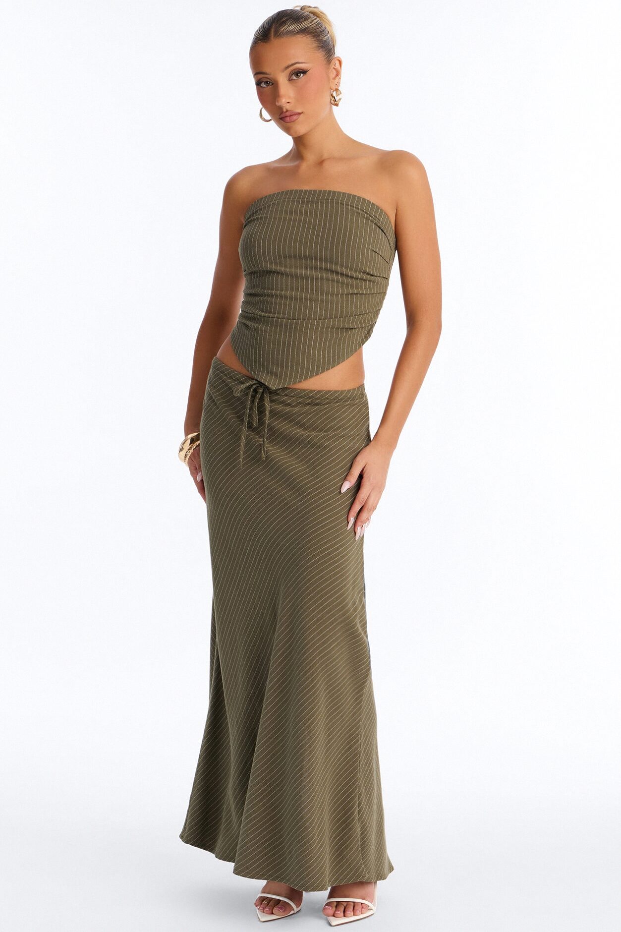 Carolina Linen Pinstripe Maxi Skirt Set - Olive