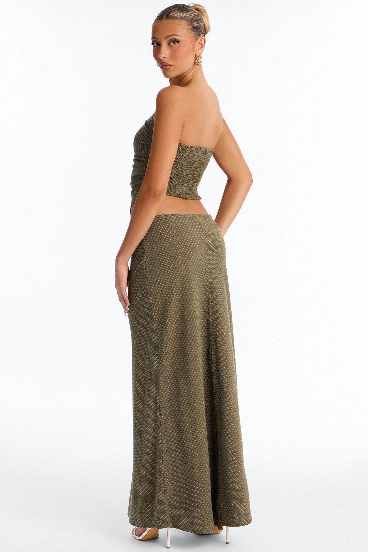 Carolina Linen Pinstripe Maxi Skirt Set - Olive