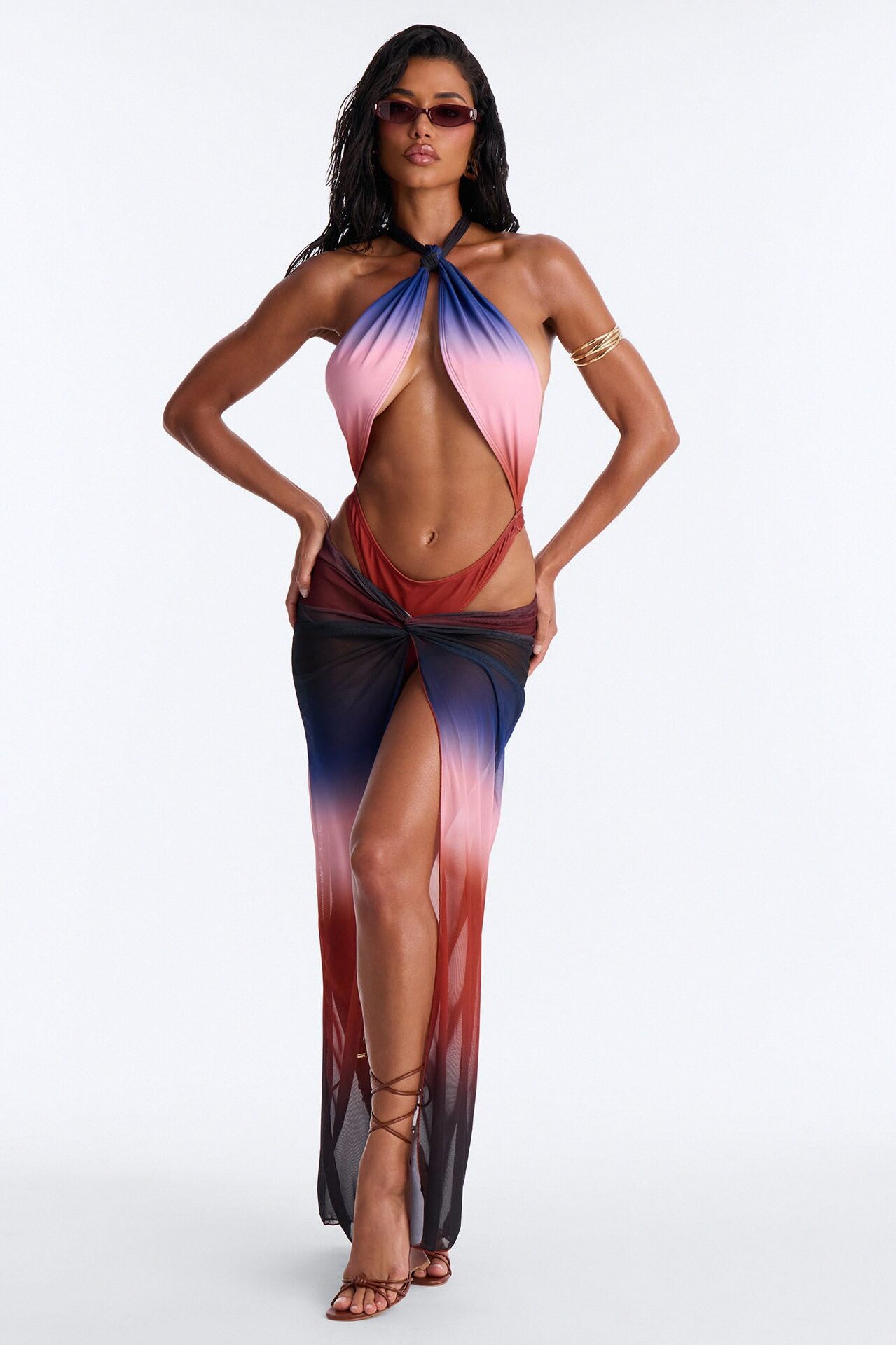 Noemi Ombre Halter 1Piece and Matching Skirt Set - Brown/combo