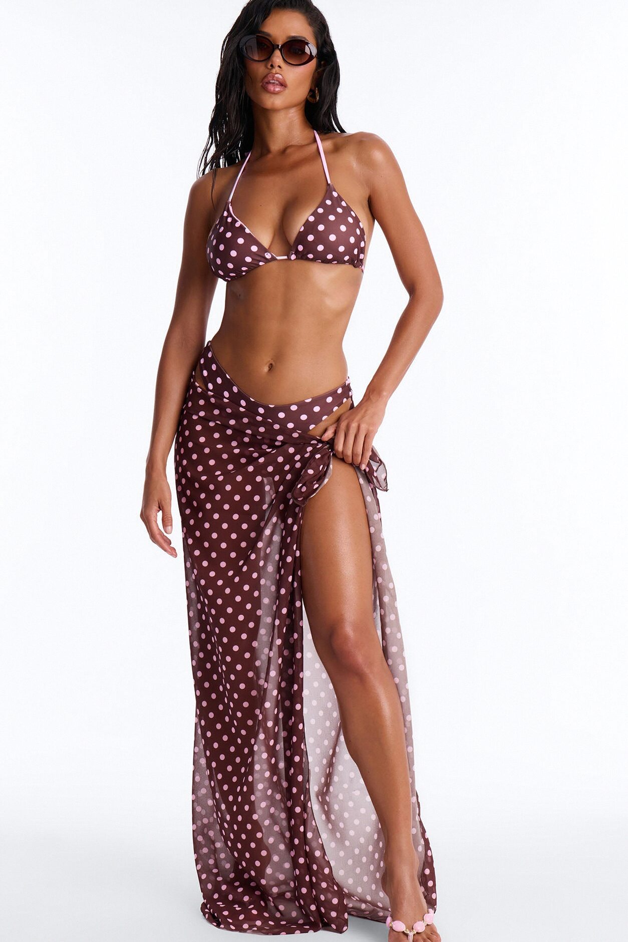 Beach Therapy Polka Dot Contrast Maxi 3 Piece Bikini Sarong Set - Purple/combo