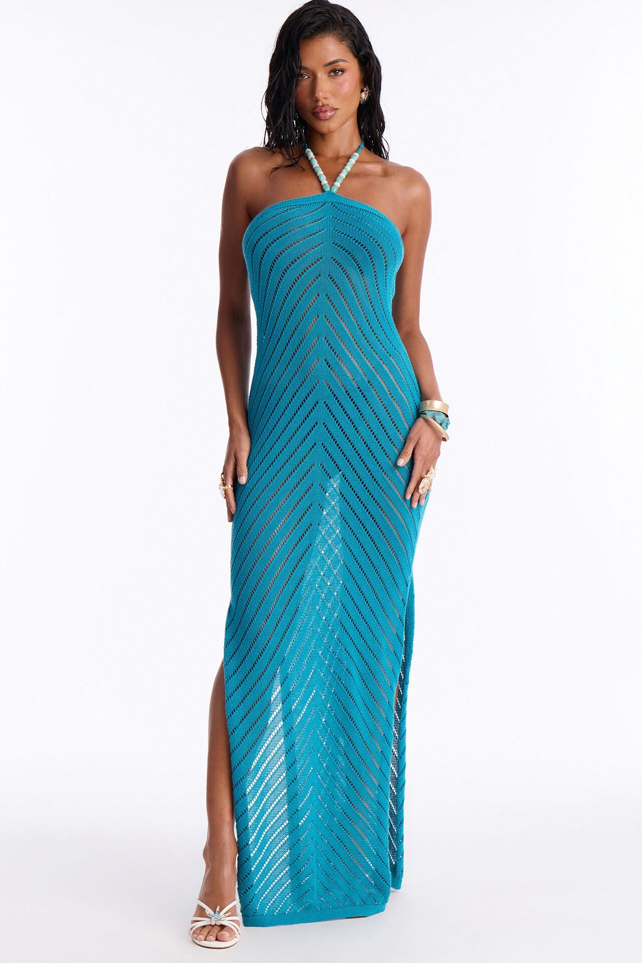 Kimberly Crochet Maxi Swim Cover Up Dress - Teal
