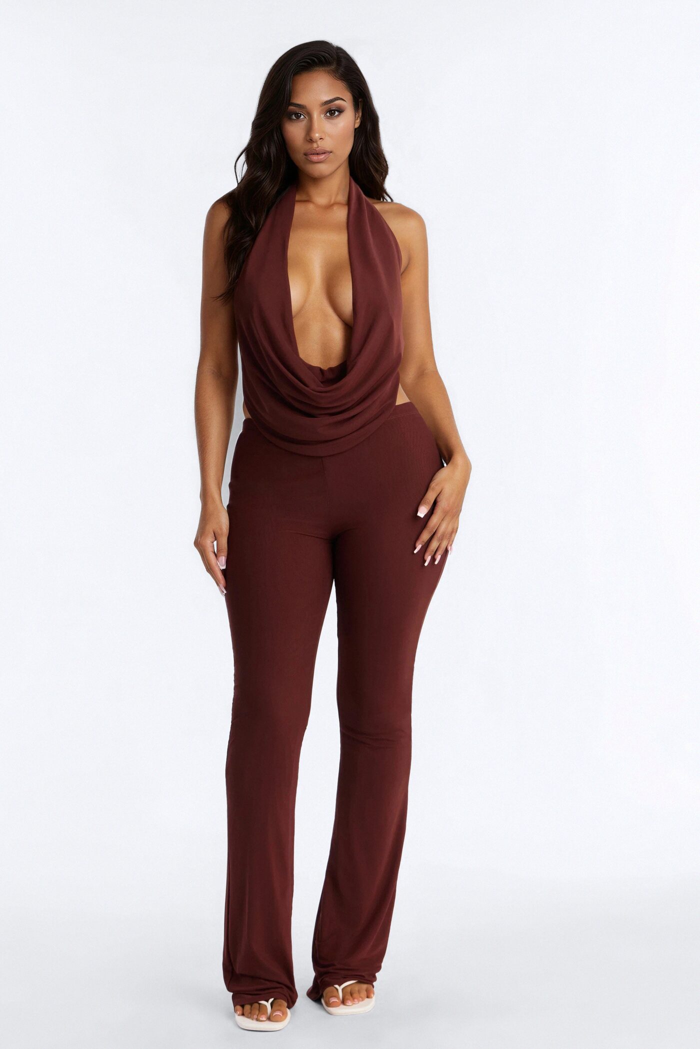 Shayna Cowl Halter Mesh Pant Set - Brown
