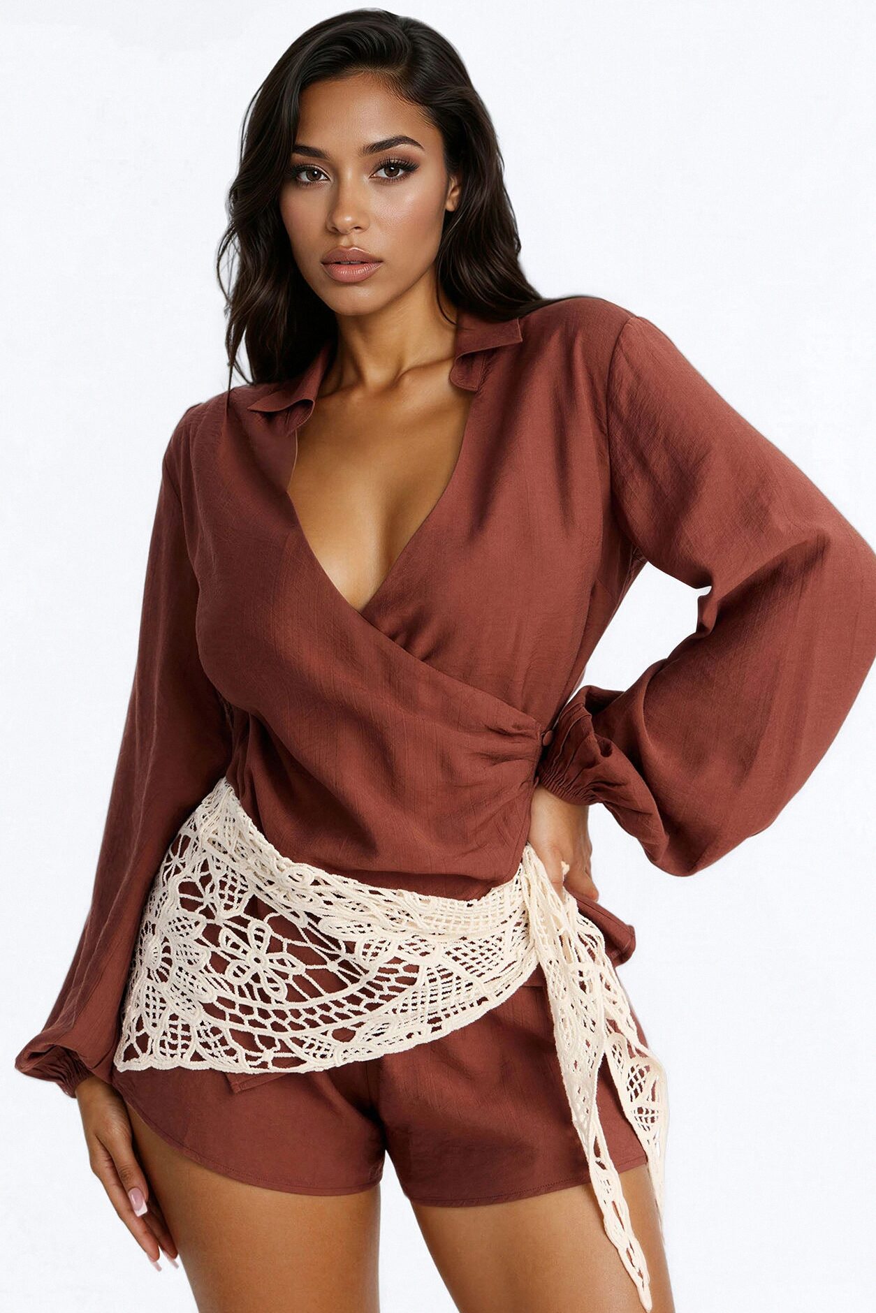 Yolanda 3 Piece Crochet Wrap Short Set - Brown