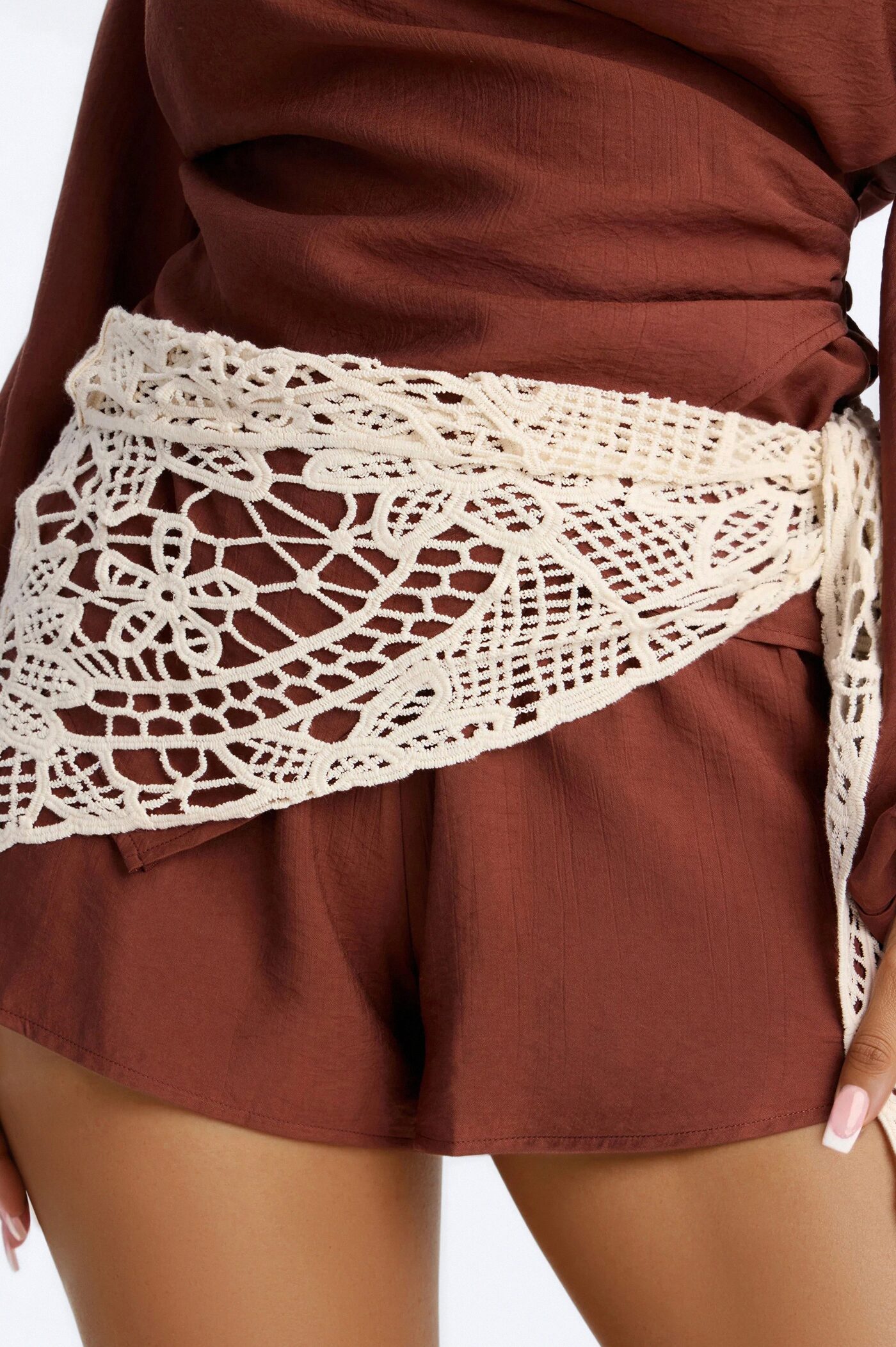 Yolanda 3 Piece Crochet Wrap Short Set - Brown