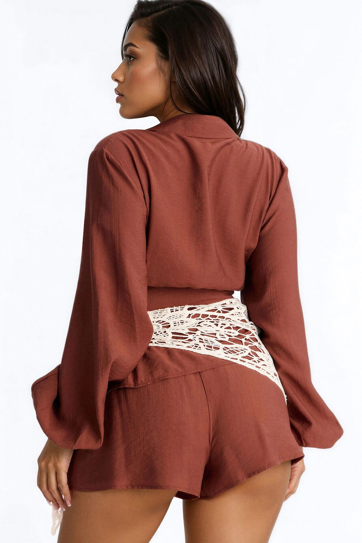 Yolanda 3 Piece Crochet Wrap Short Set - Brown