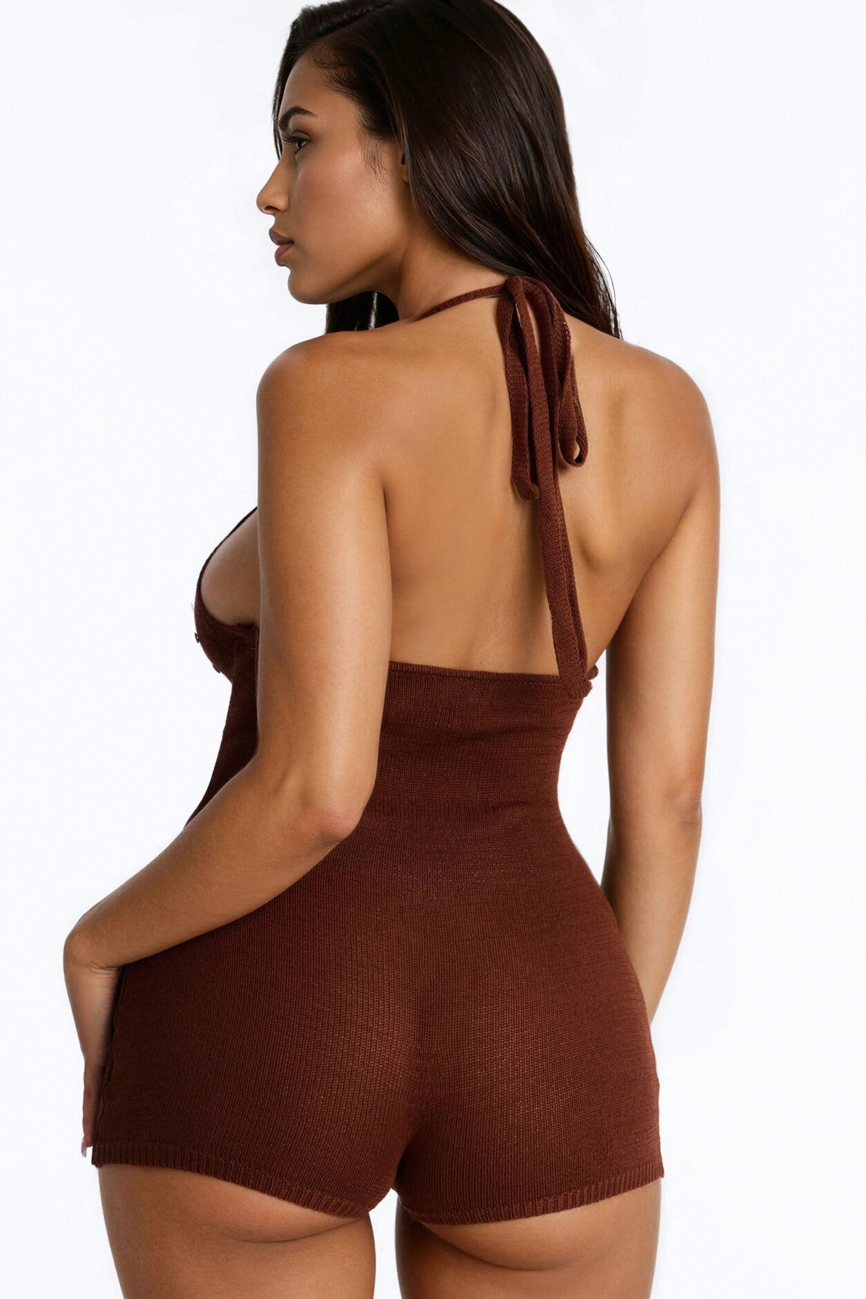 Bree Embellished Knit Romper - Chocolate