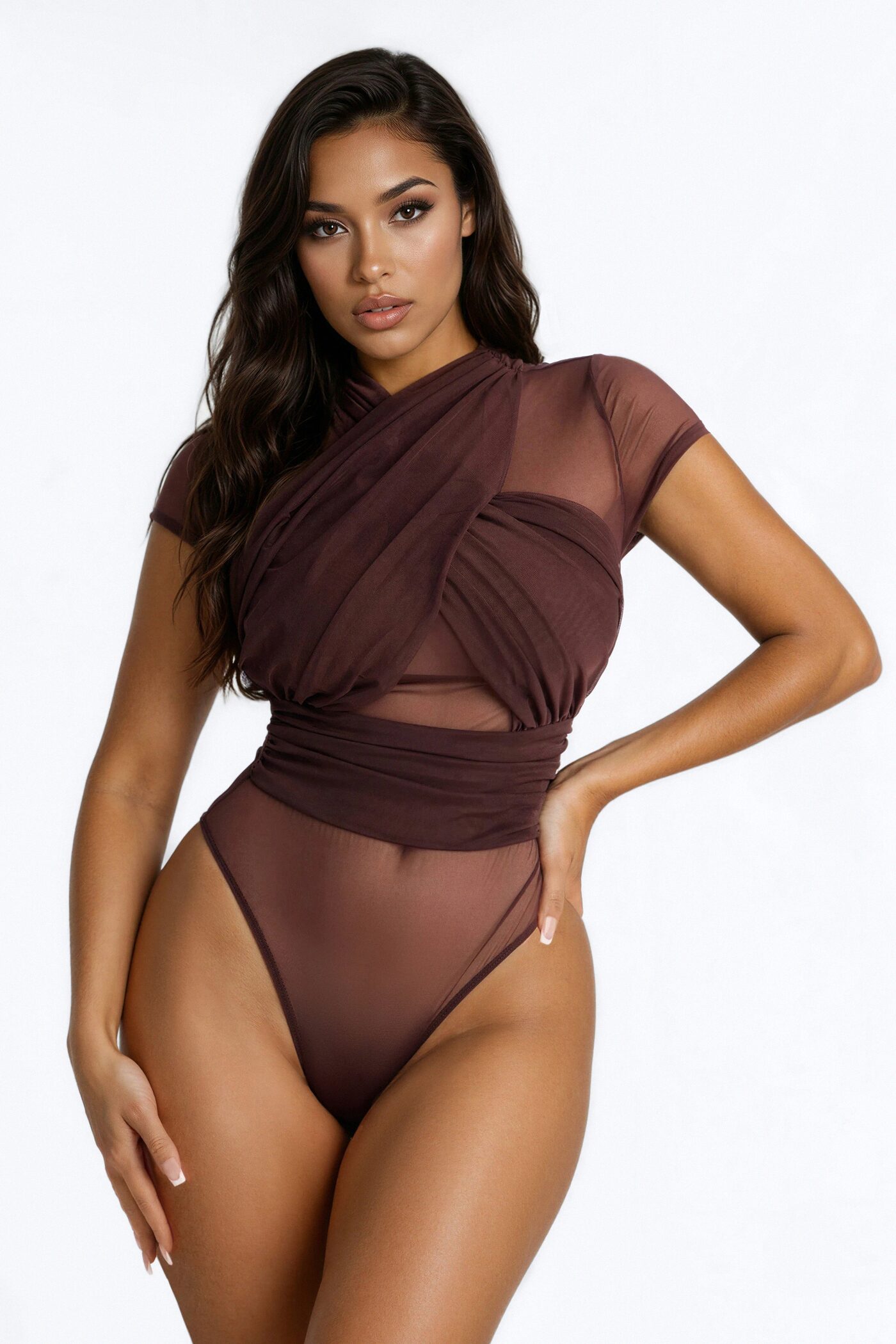 Serena Short Sleeve Mesh Bodysuit - Chocolate