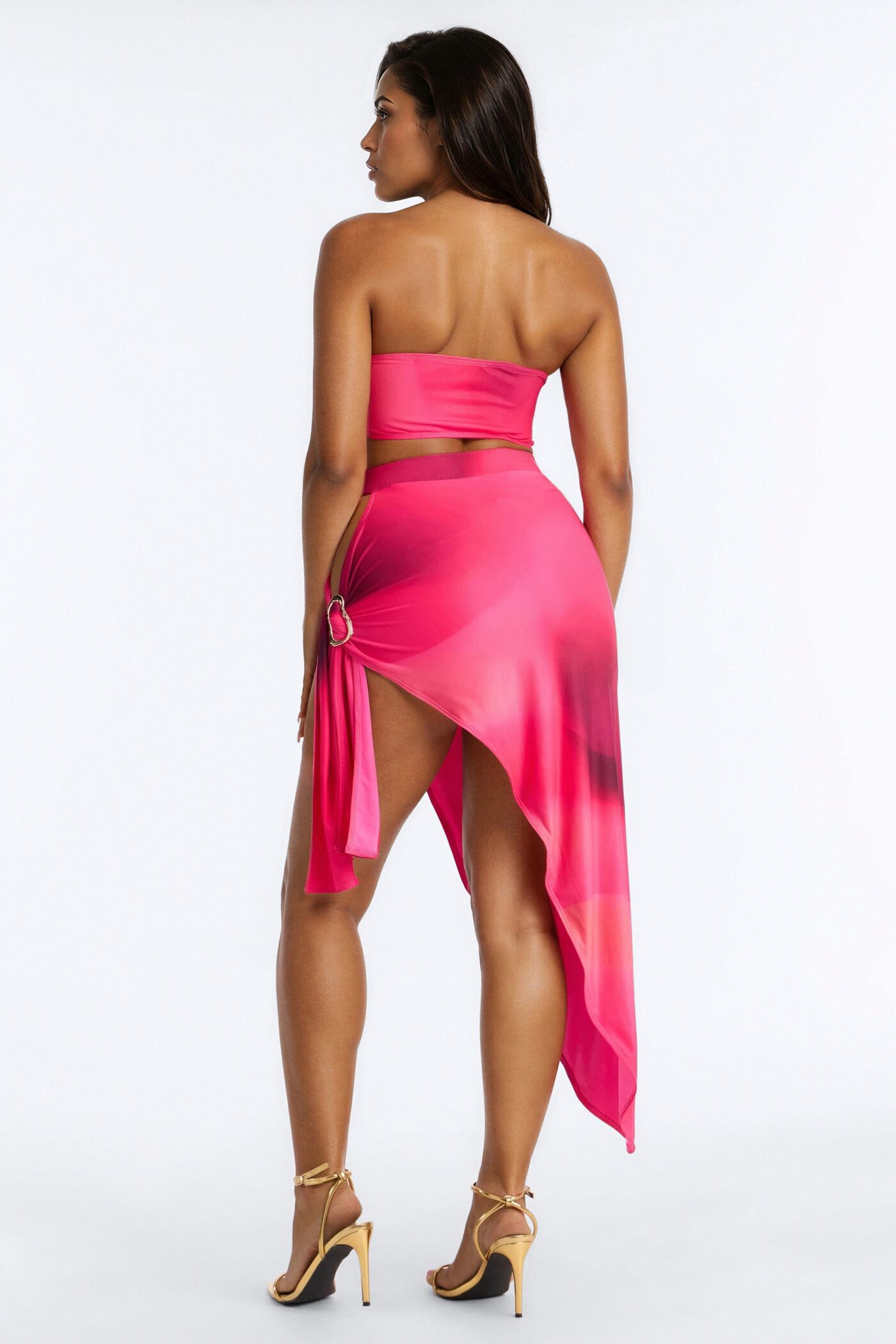 Devin Mesh Tie Side Midi Skirt Set - Hot Pink/combo