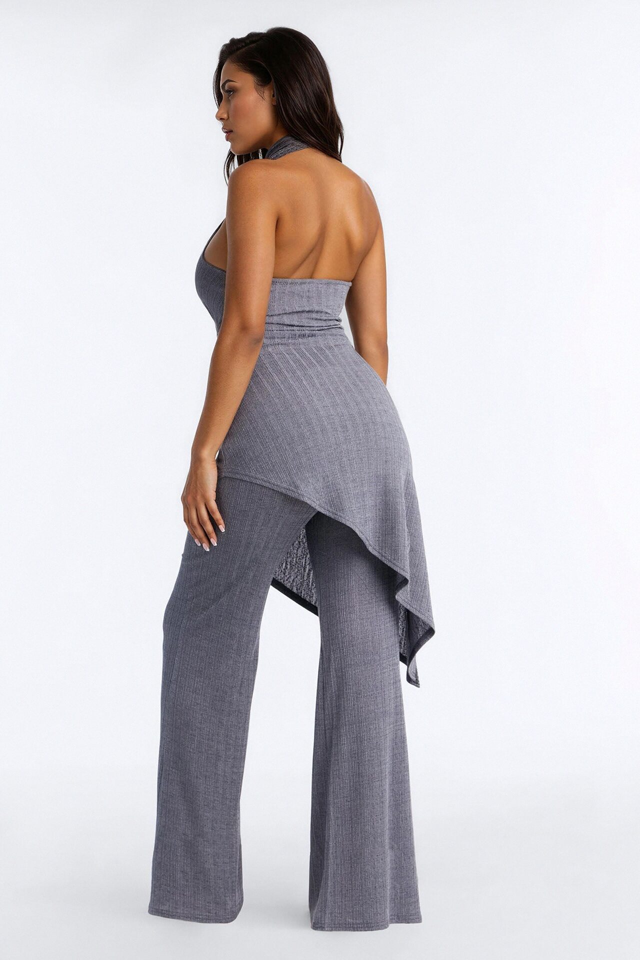 Malia Slinky Plunge Halter Pant Set - Grey