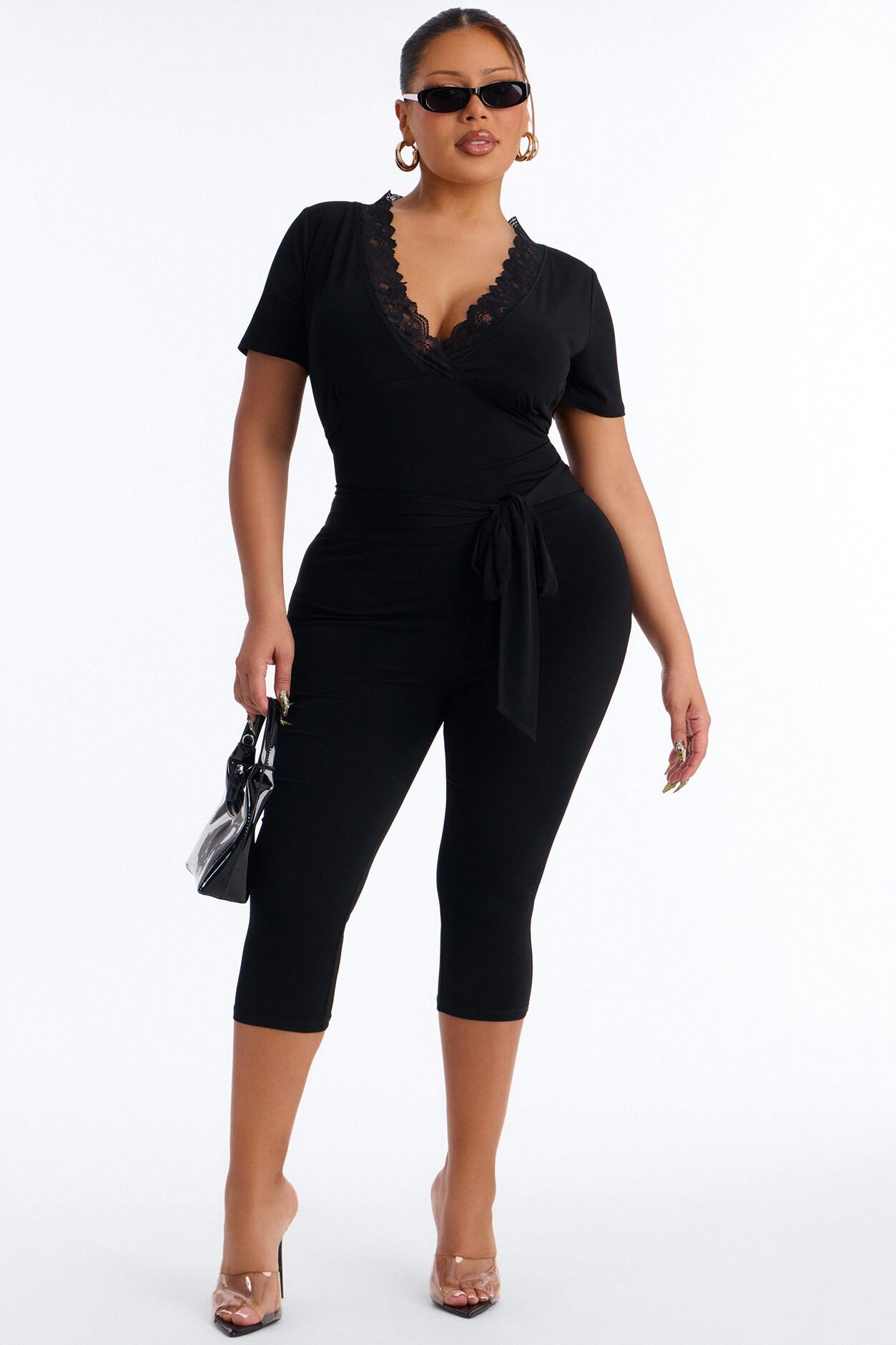 Priscilla Lace Trim Capri Catsuit - Black