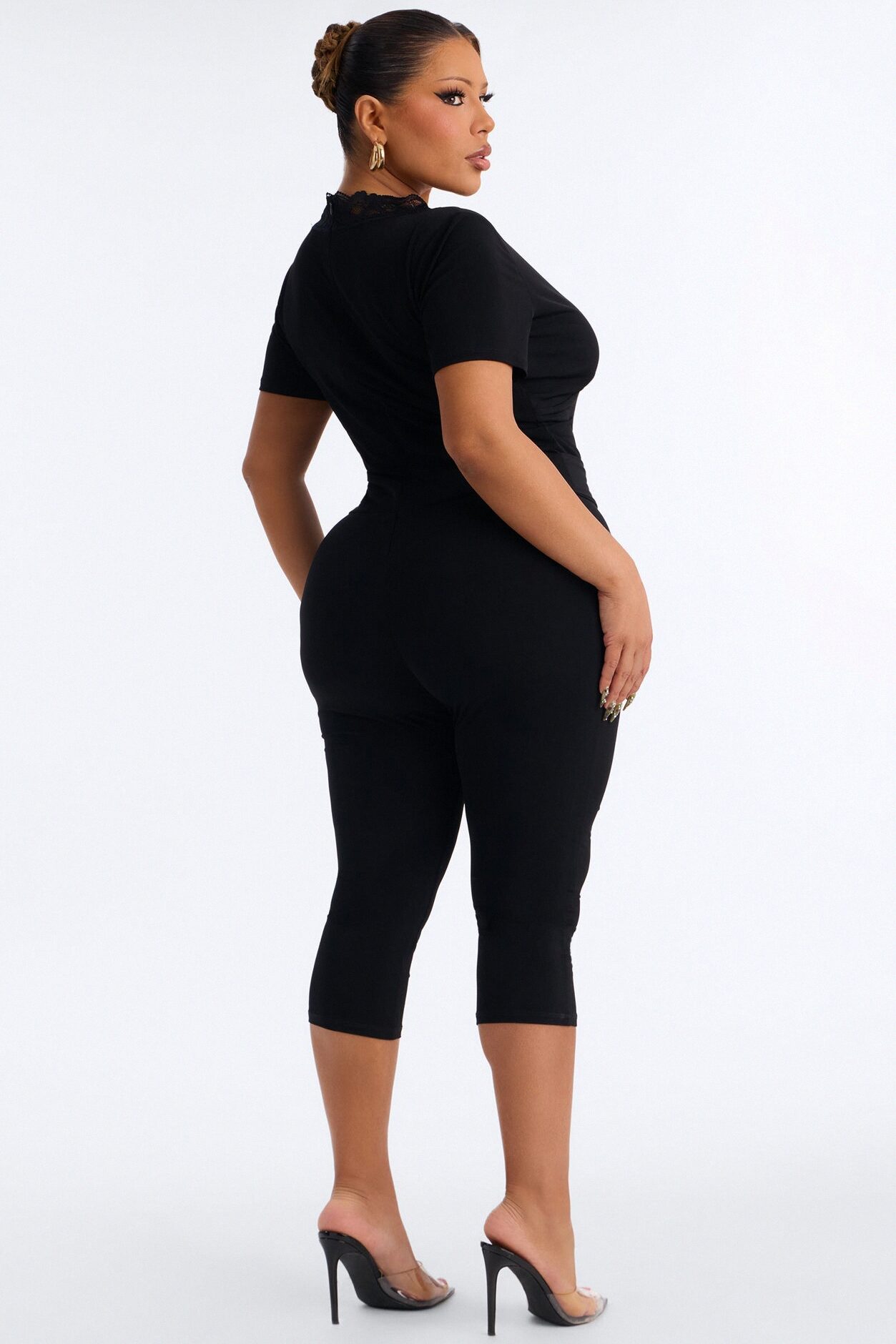 Priscilla Lace Trim Capri Catsuit - Black
