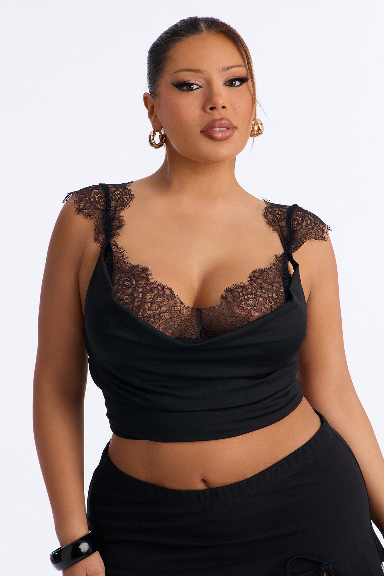 Janet Lace Trim Cowl Tank Top - Black