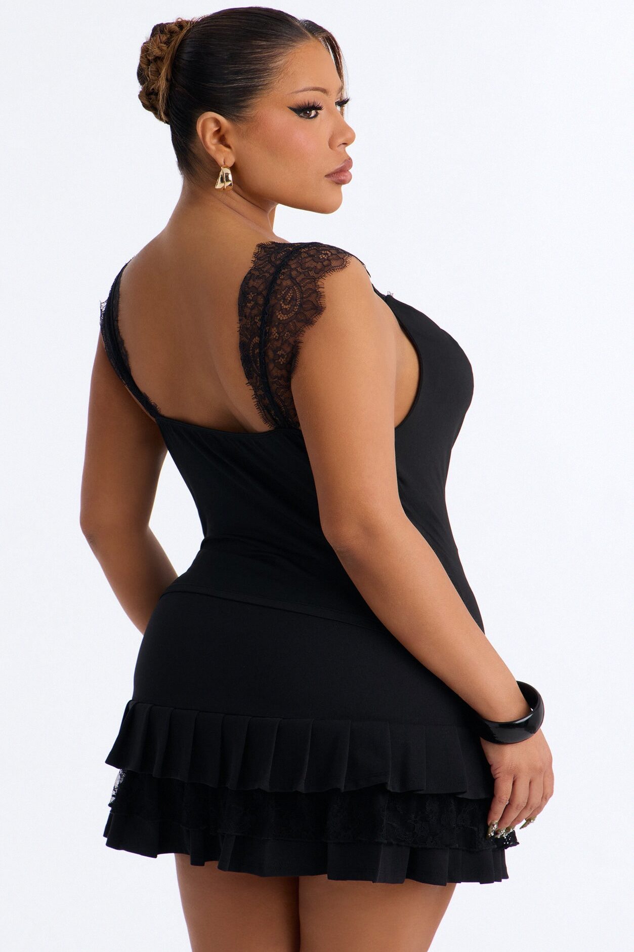 Janet Lace Trim Cowl Tank Top - Black