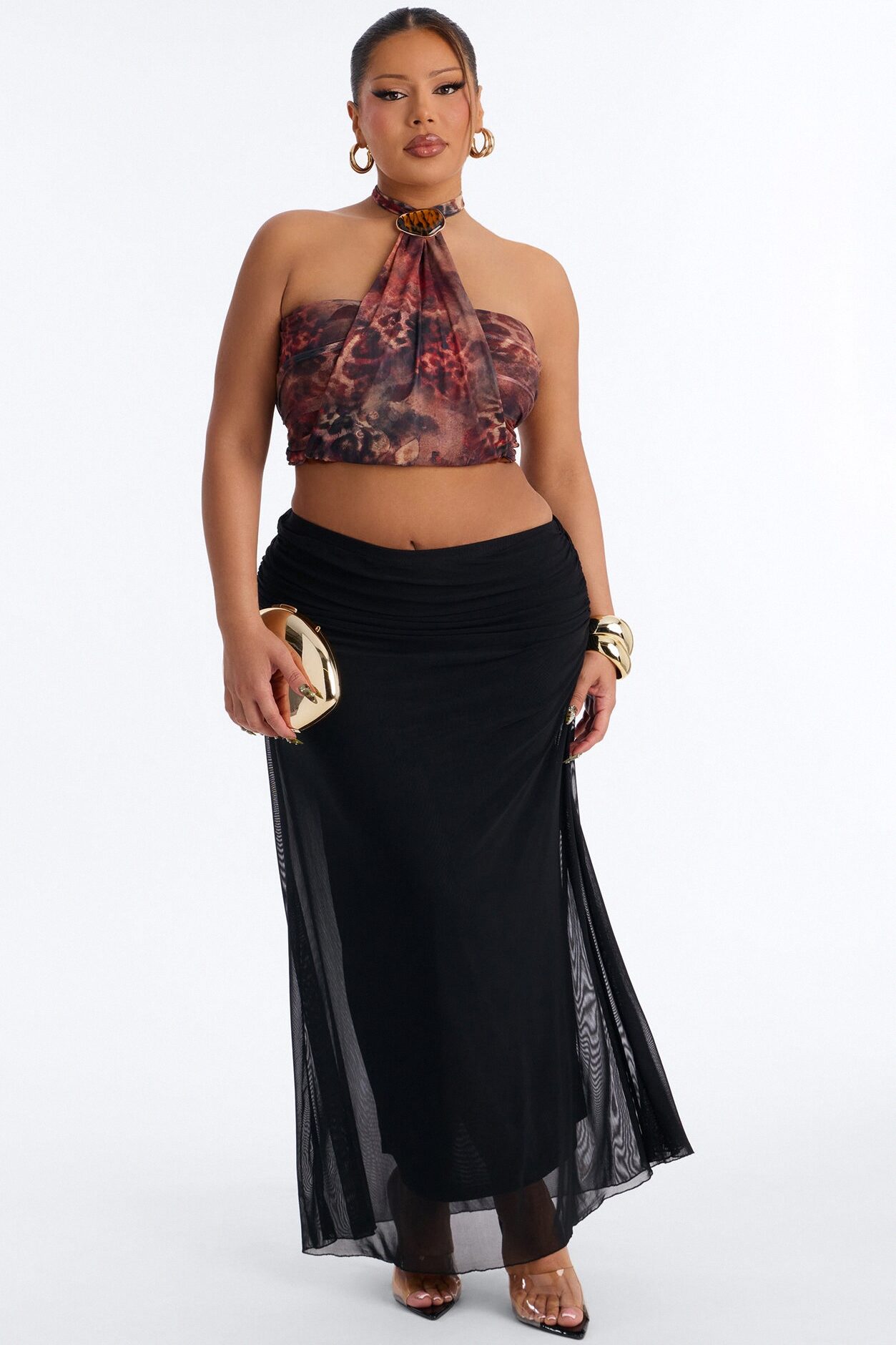 Havana Hardware Abstract Mesh Halter Top - Brown/combo