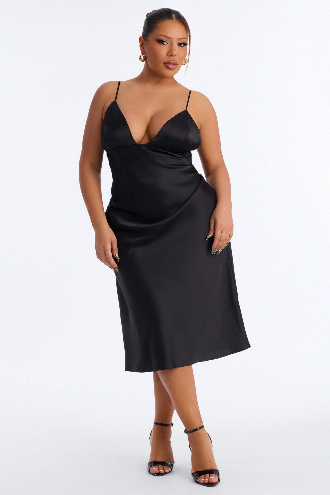 Janine Satin Slip Midi Dress - Black