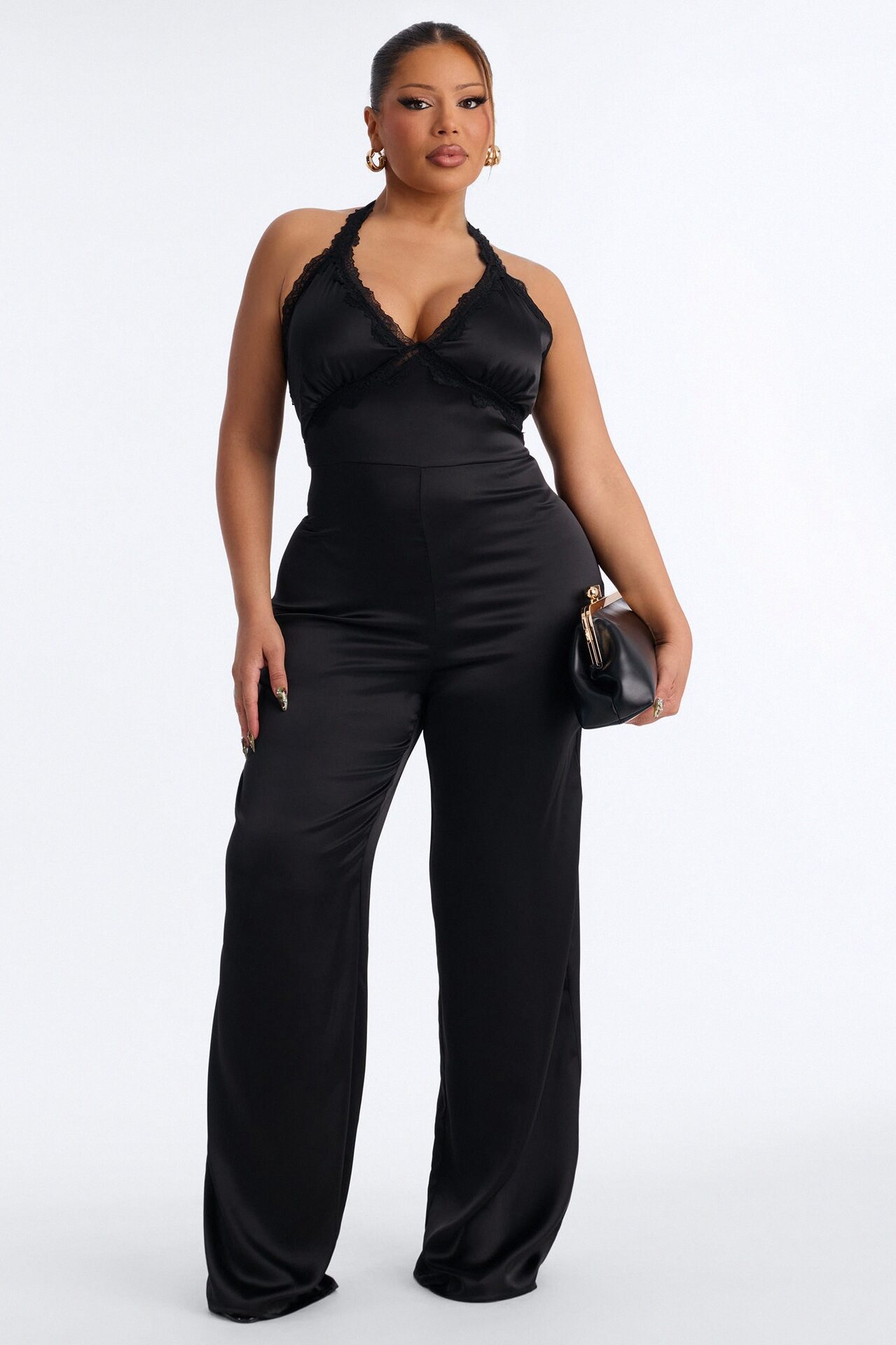 Lina Satin Lace Trim Jumpsuit - Black