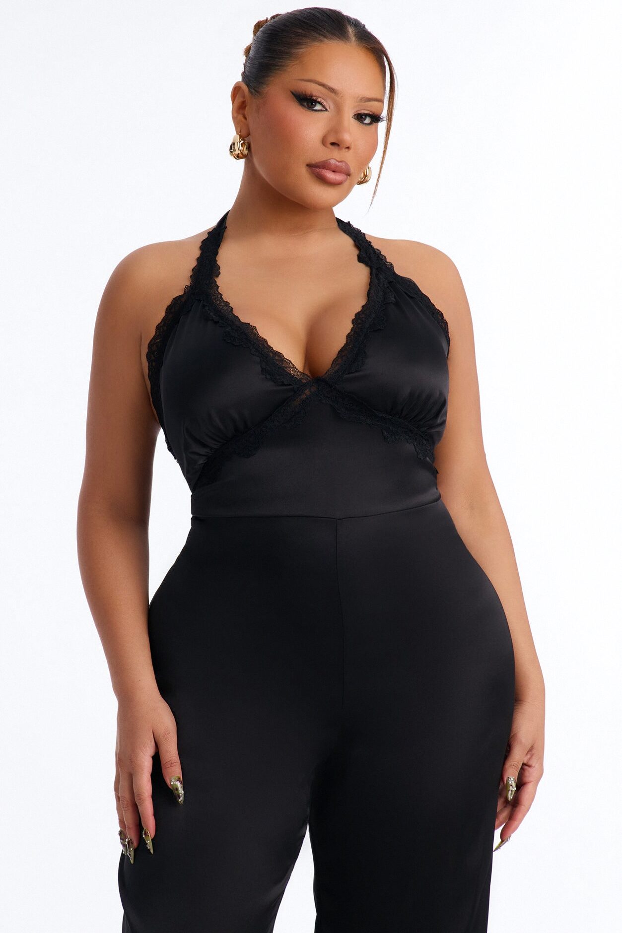 Lina Satin Lace Trim Jumpsuit - Black