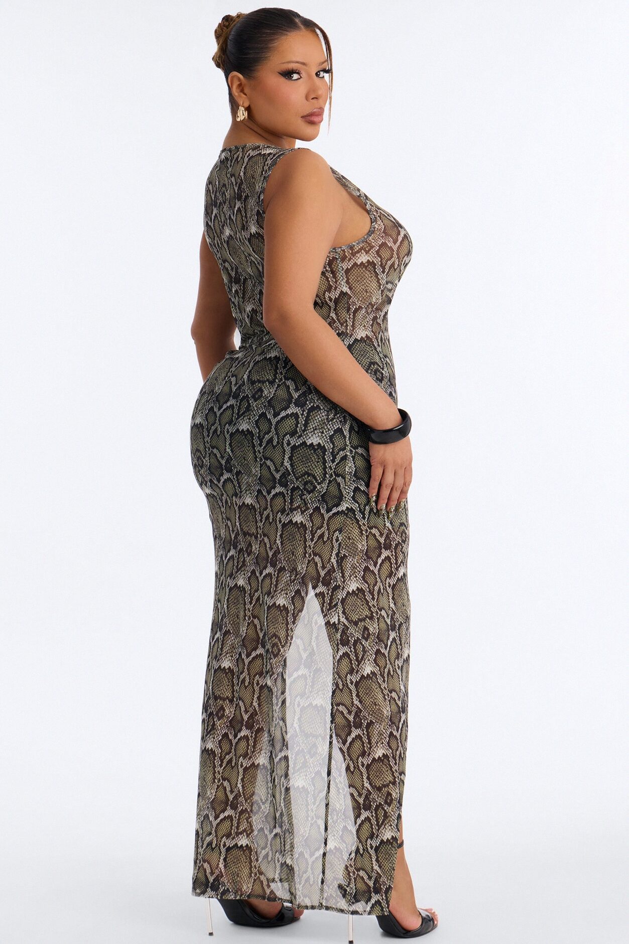 Samira Snake Mesh Asymmetrical Long Sleevless Top - Brown/combo