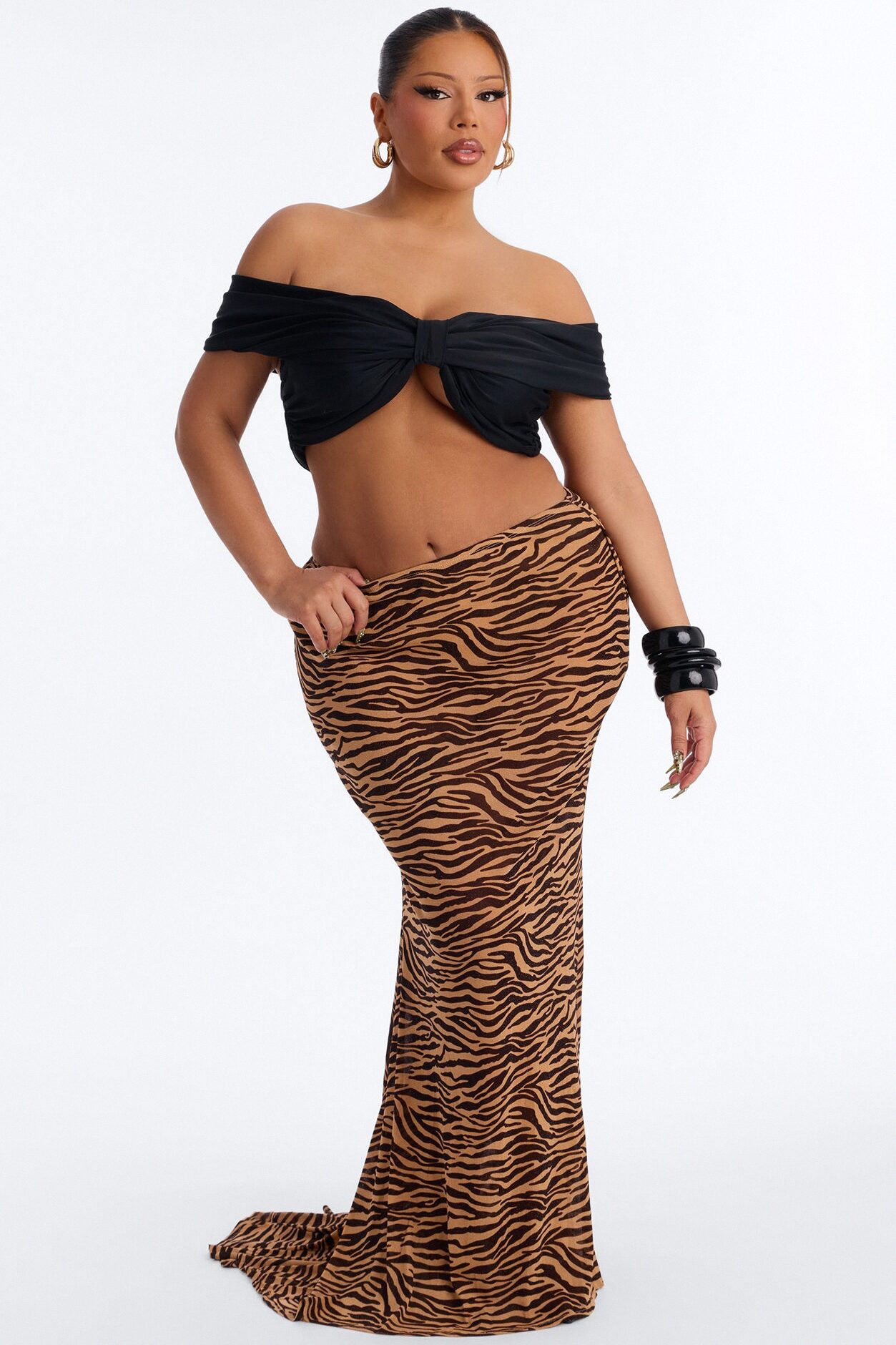 Feeling Fierce Shimmer Tiger Mesh Maxi Skirt - Brown/combo