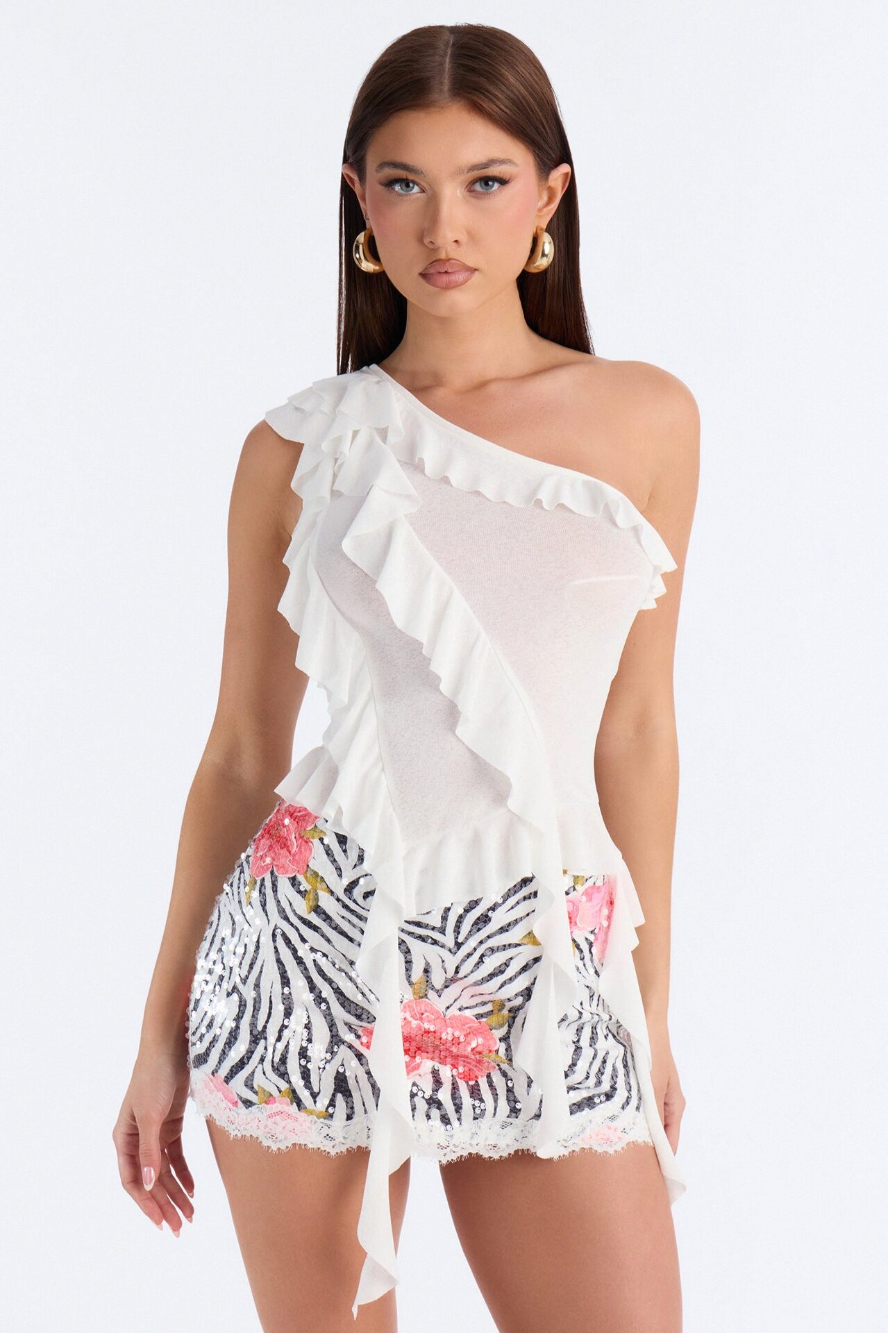 Sicily Ruffle One Shoulder Textured Top - White