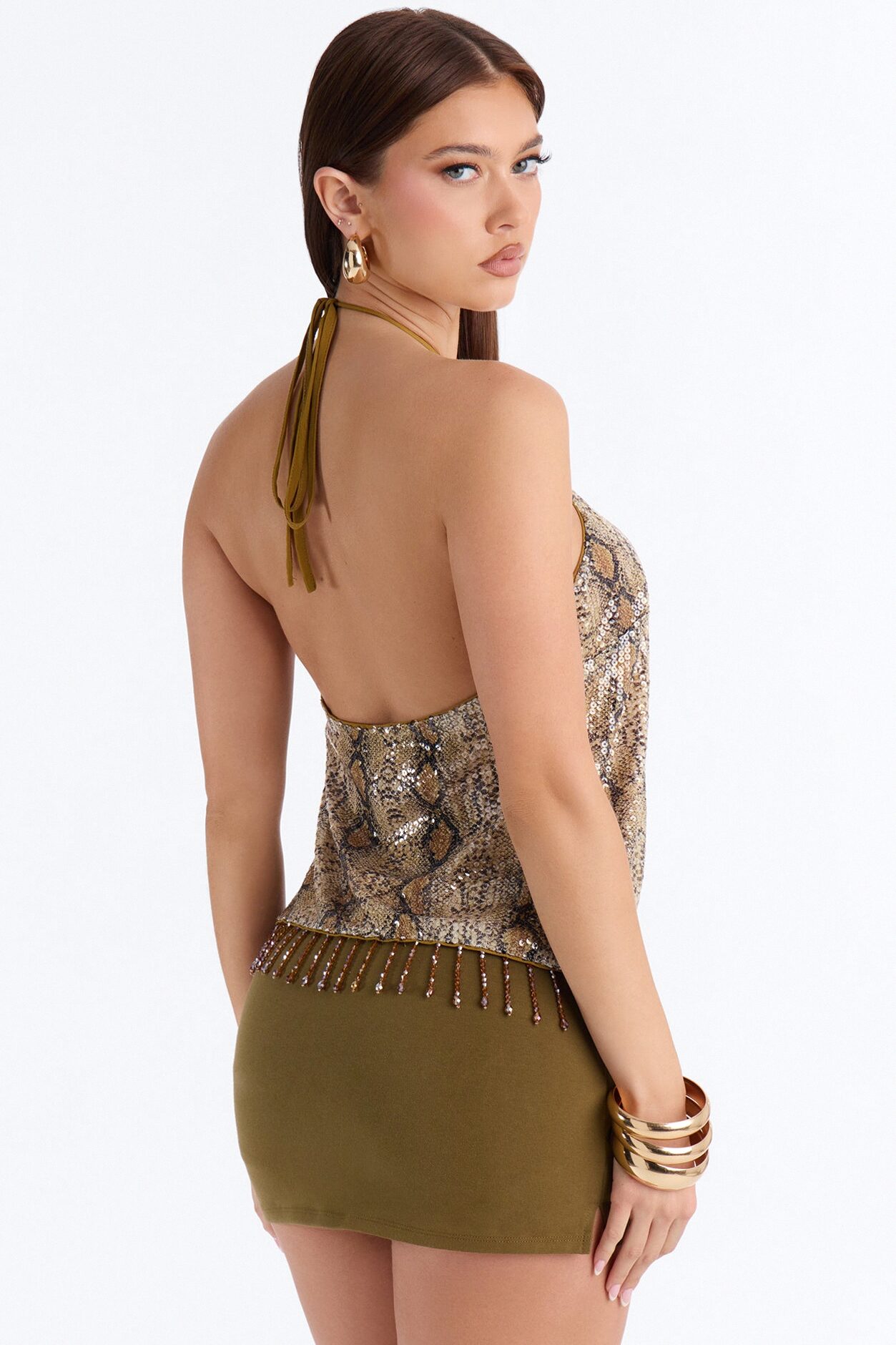 Sierra Snake Sequin Flyaway Halter Top - Taupe/combo