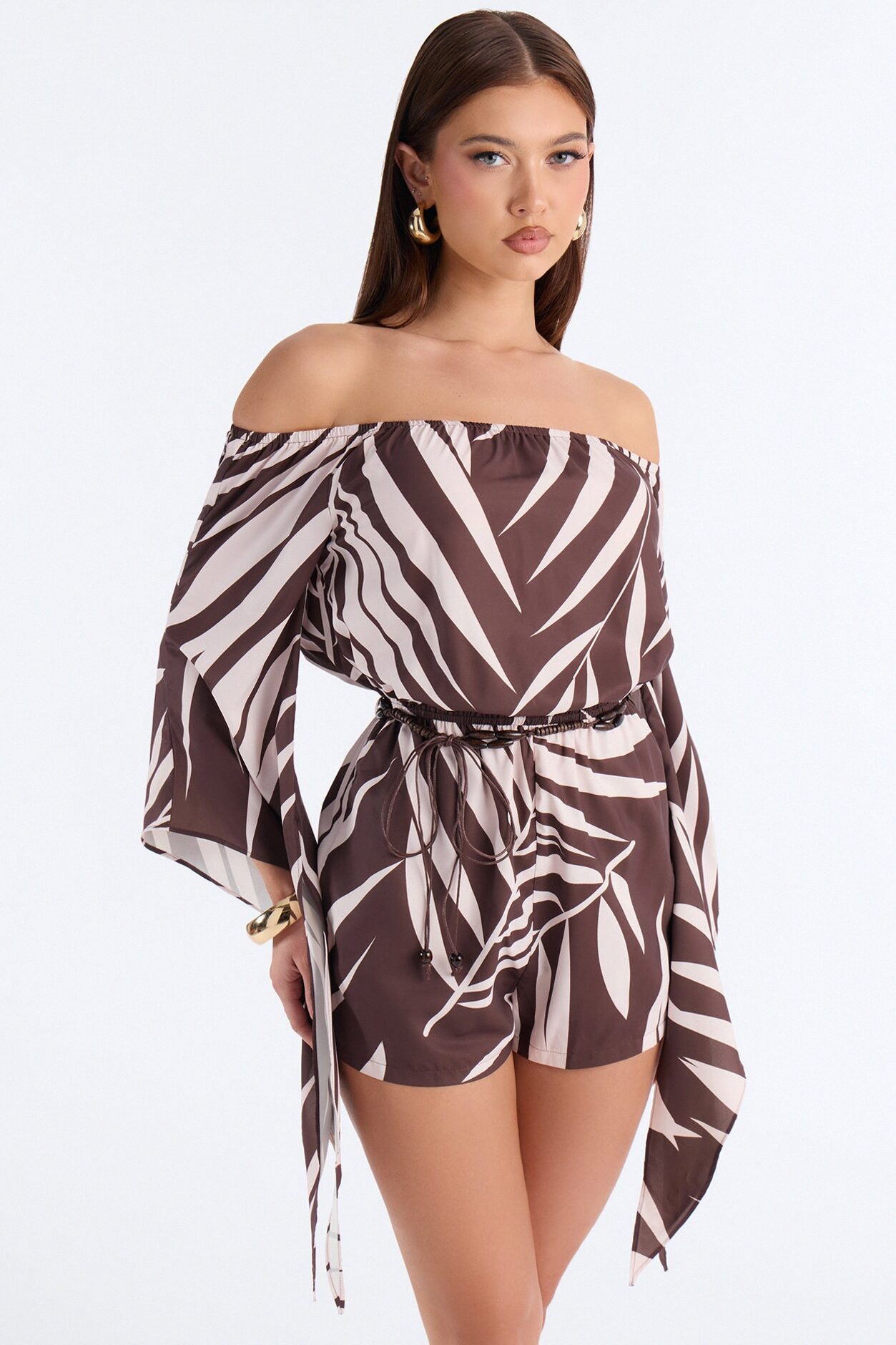 Vena Belted Off Shoulder Romper - Brown
