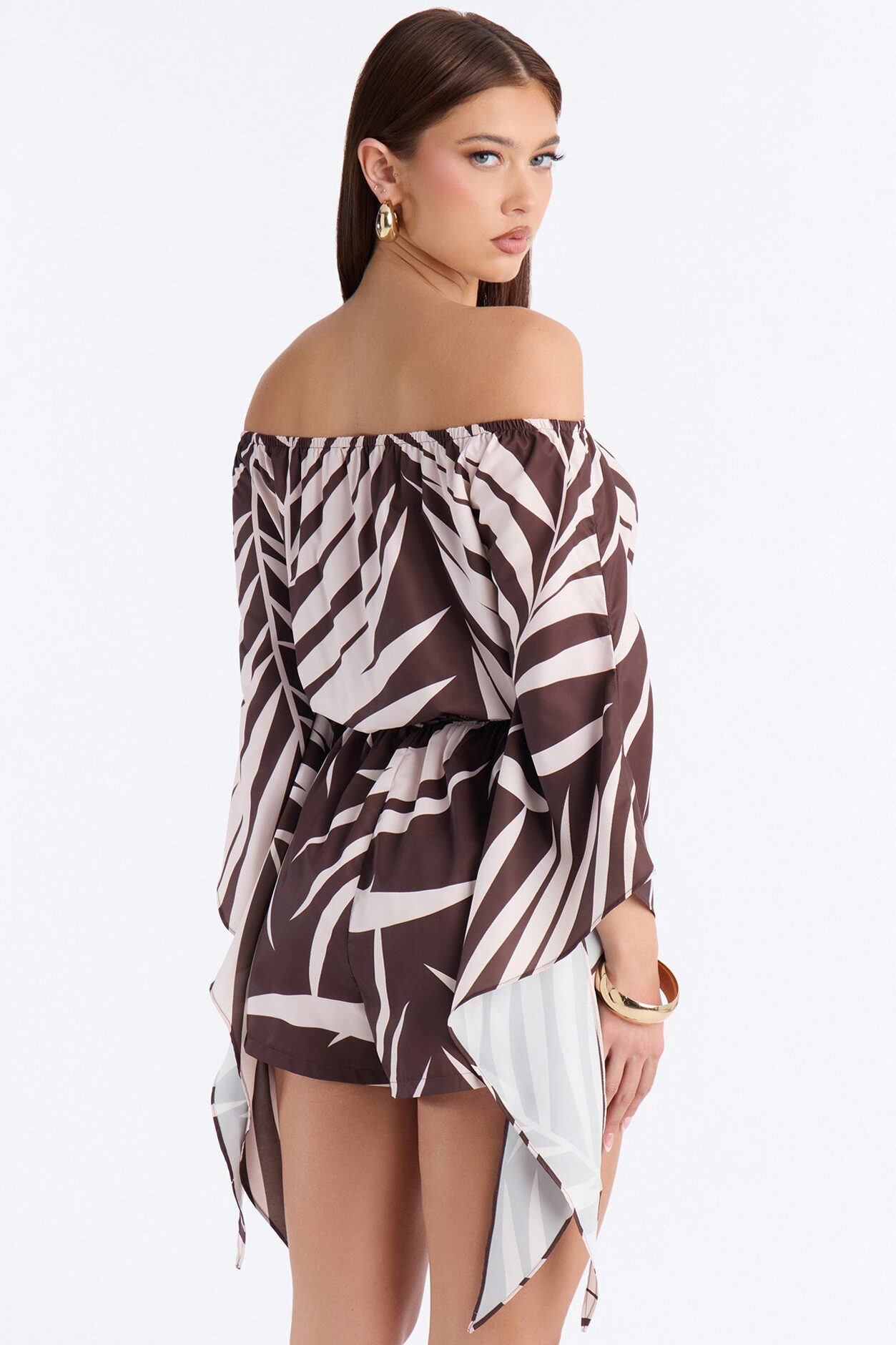Vena Belted Off Shoulder Romper - Brown