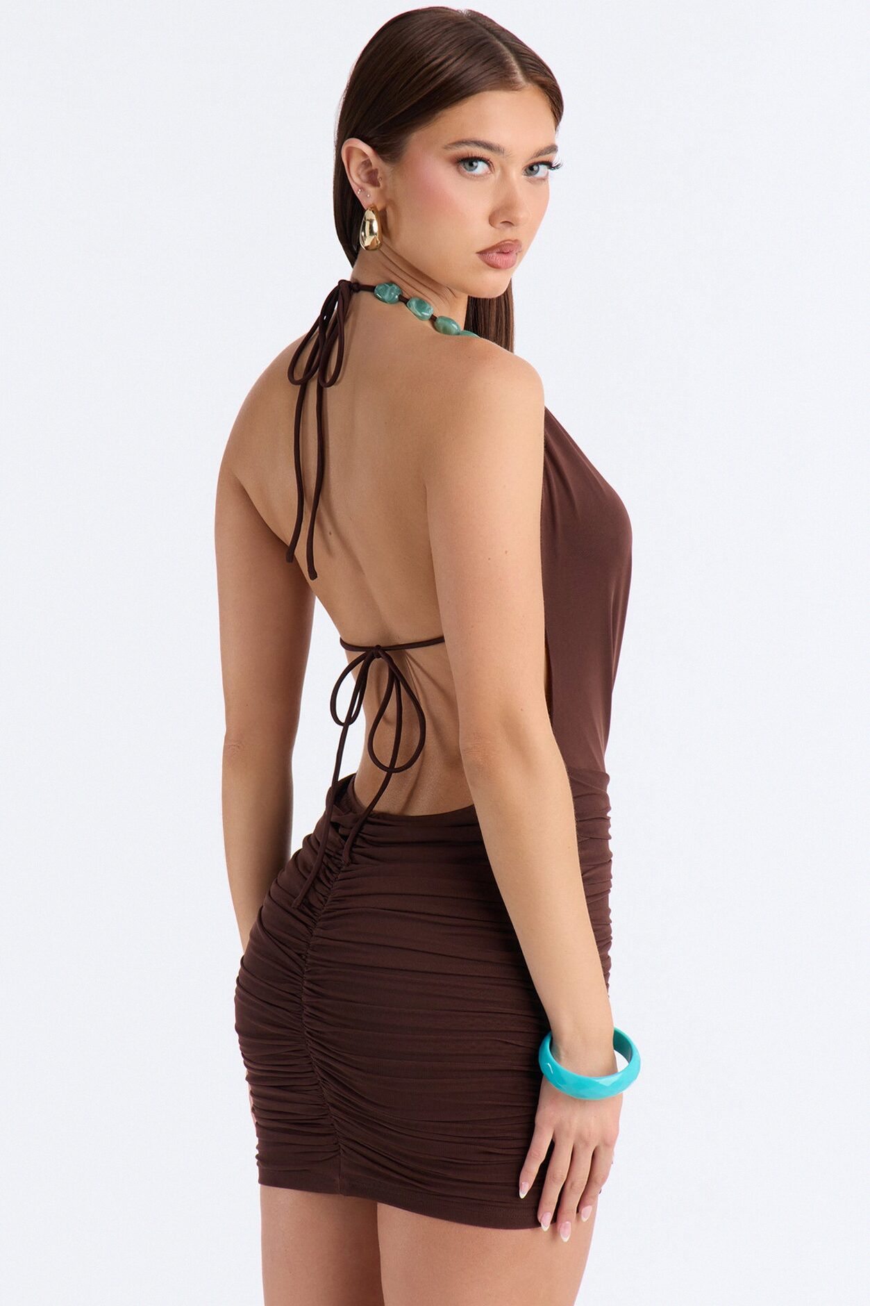 Hot Take Halter Mesh Micro Mini Dress - Chocolate