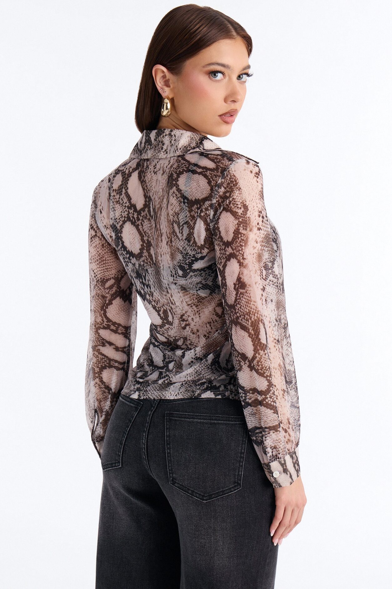 Veronica Sheer Snake Mesh Long Sleeve Shirt - Brown/combo