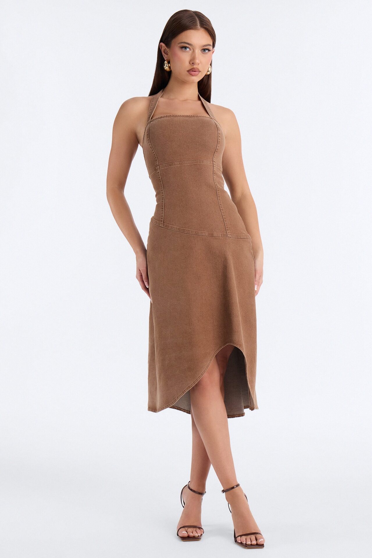 Carina Asymmetrical Denim Midi Dress - Chocolate