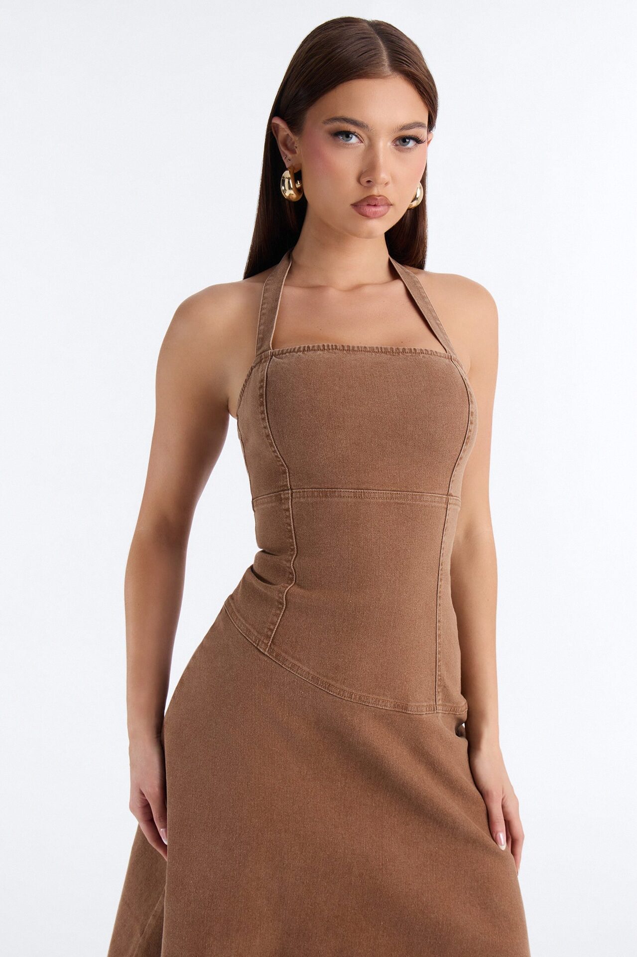 Carina Asymmetrical Denim Midi Dress - Chocolate