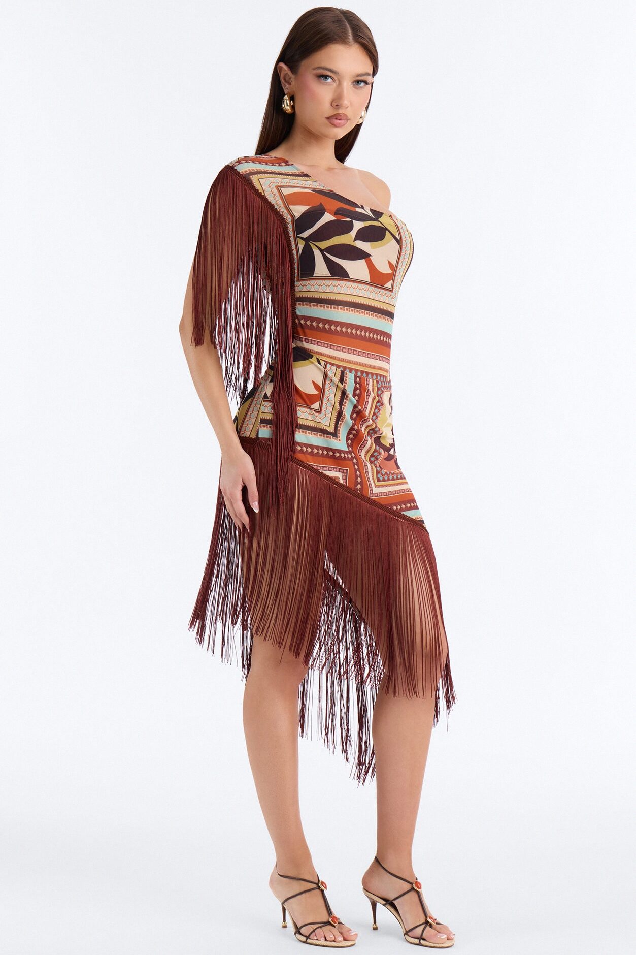 Chain Reaction Fringe Mini Dress - Brown/combo