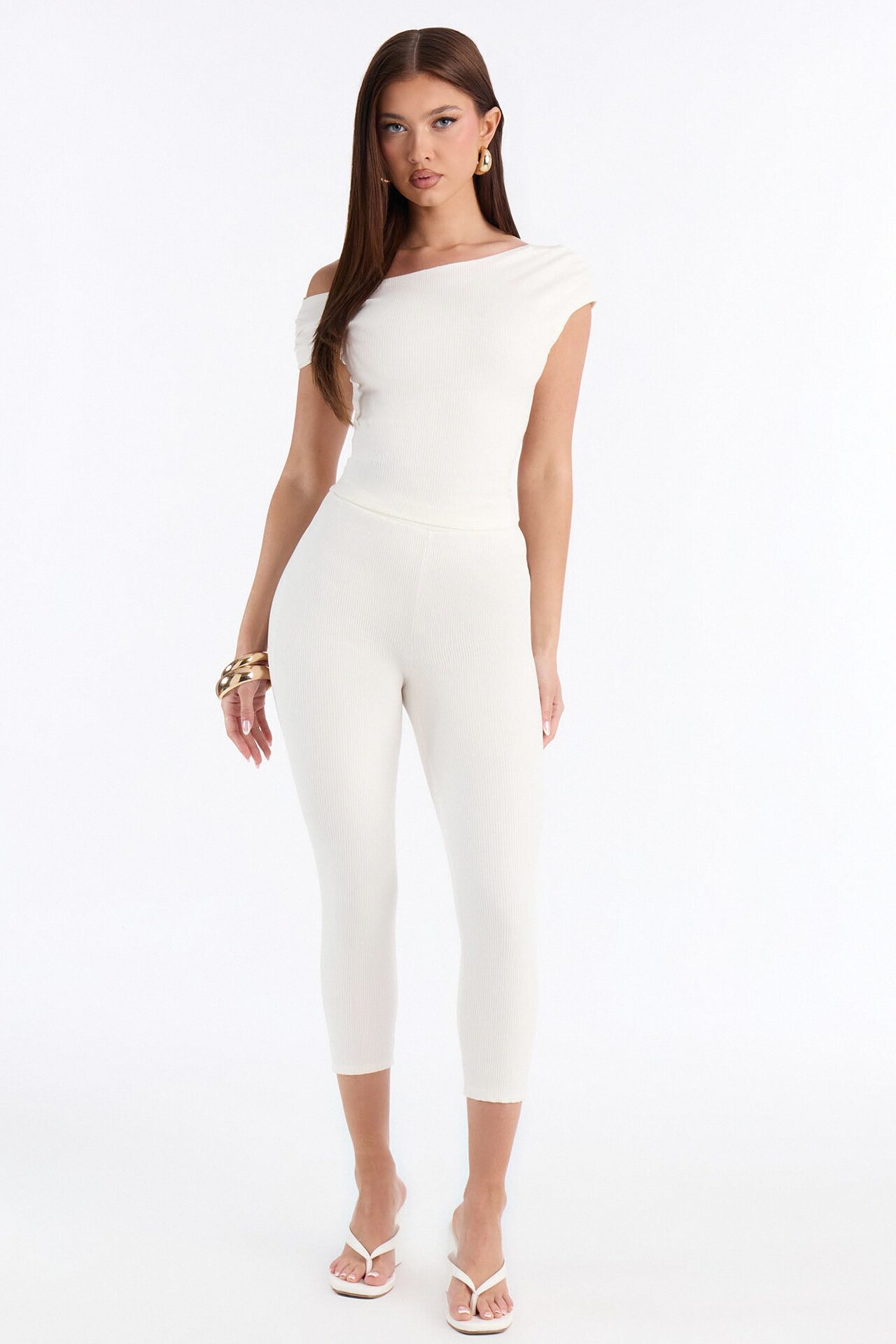 Ariella Off Shoulder Snatched Capri Set - Off White