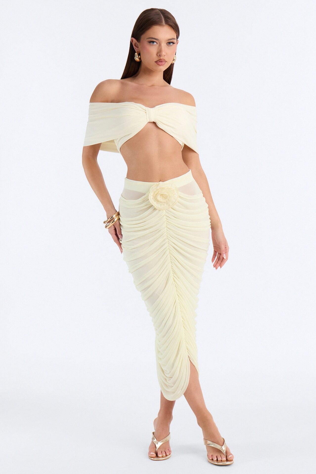 Lilah Rosette Ruched Mesh Midi Skirt - Butter Yellow