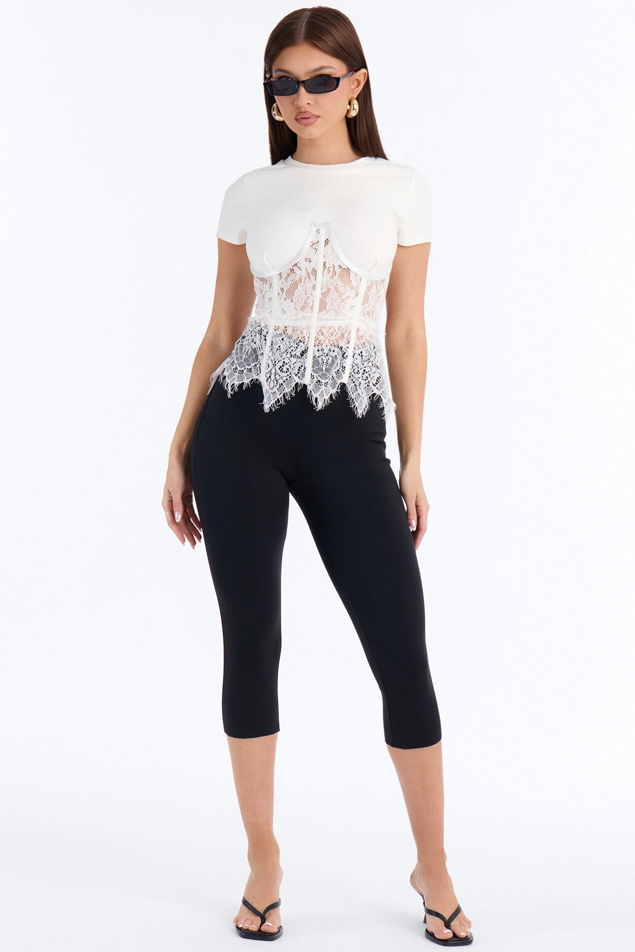 Liana Lace Corset Waist Short Sleeve Top - White