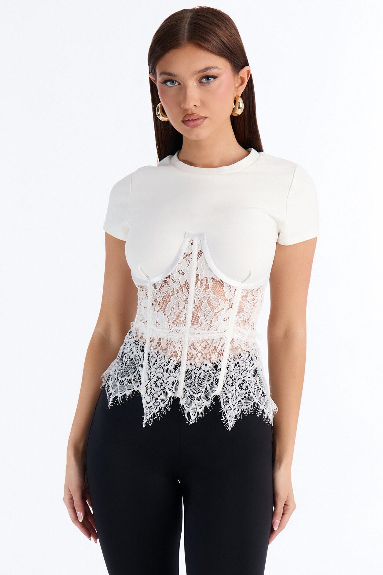 Liana Lace Corset Waist Short Sleeve Top - White