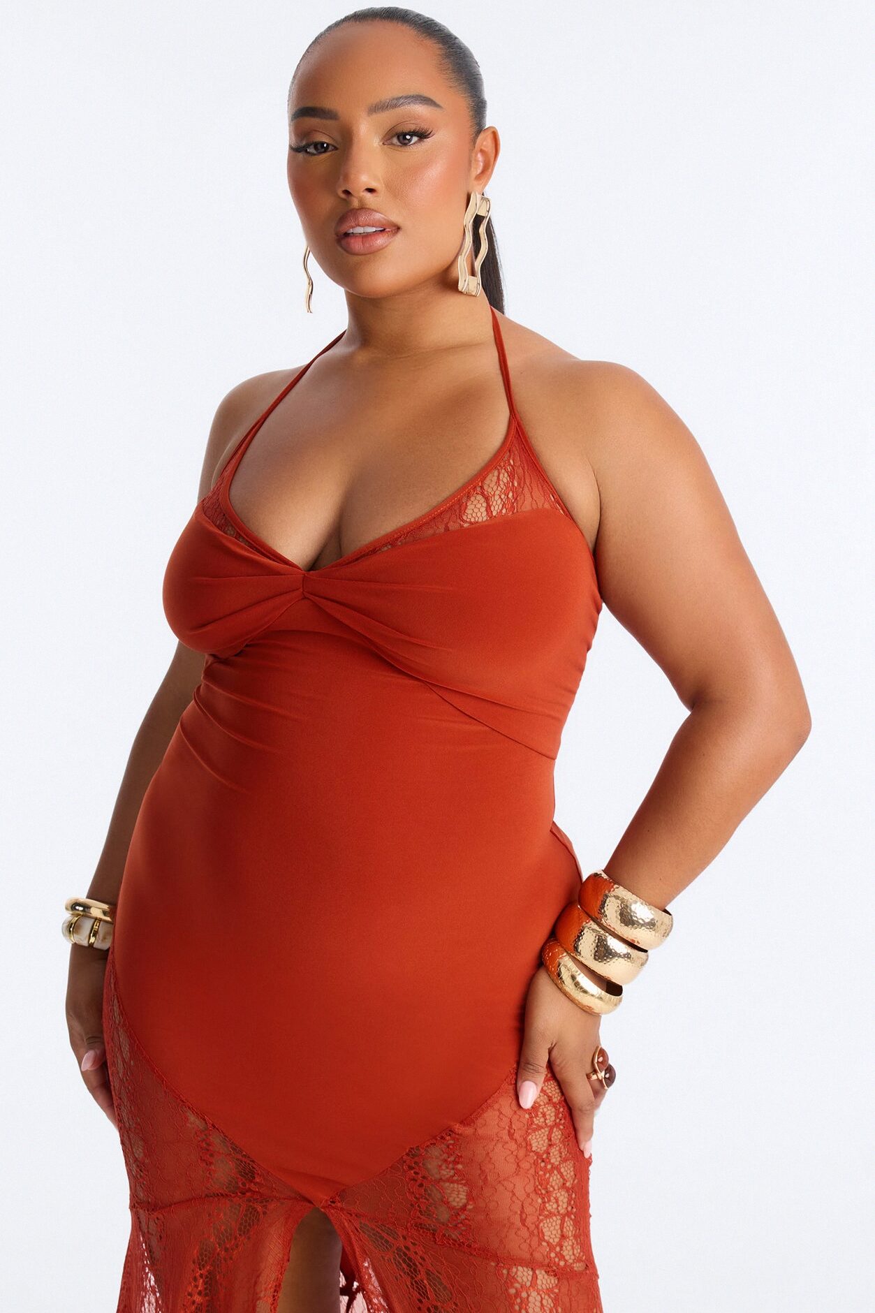 Camila Halter Lace Maxi Dress - Rust