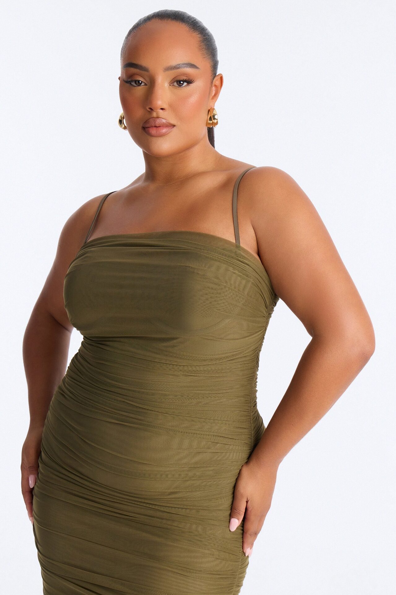 Body Talk Ruched Mesh Maxi Dress - Olive