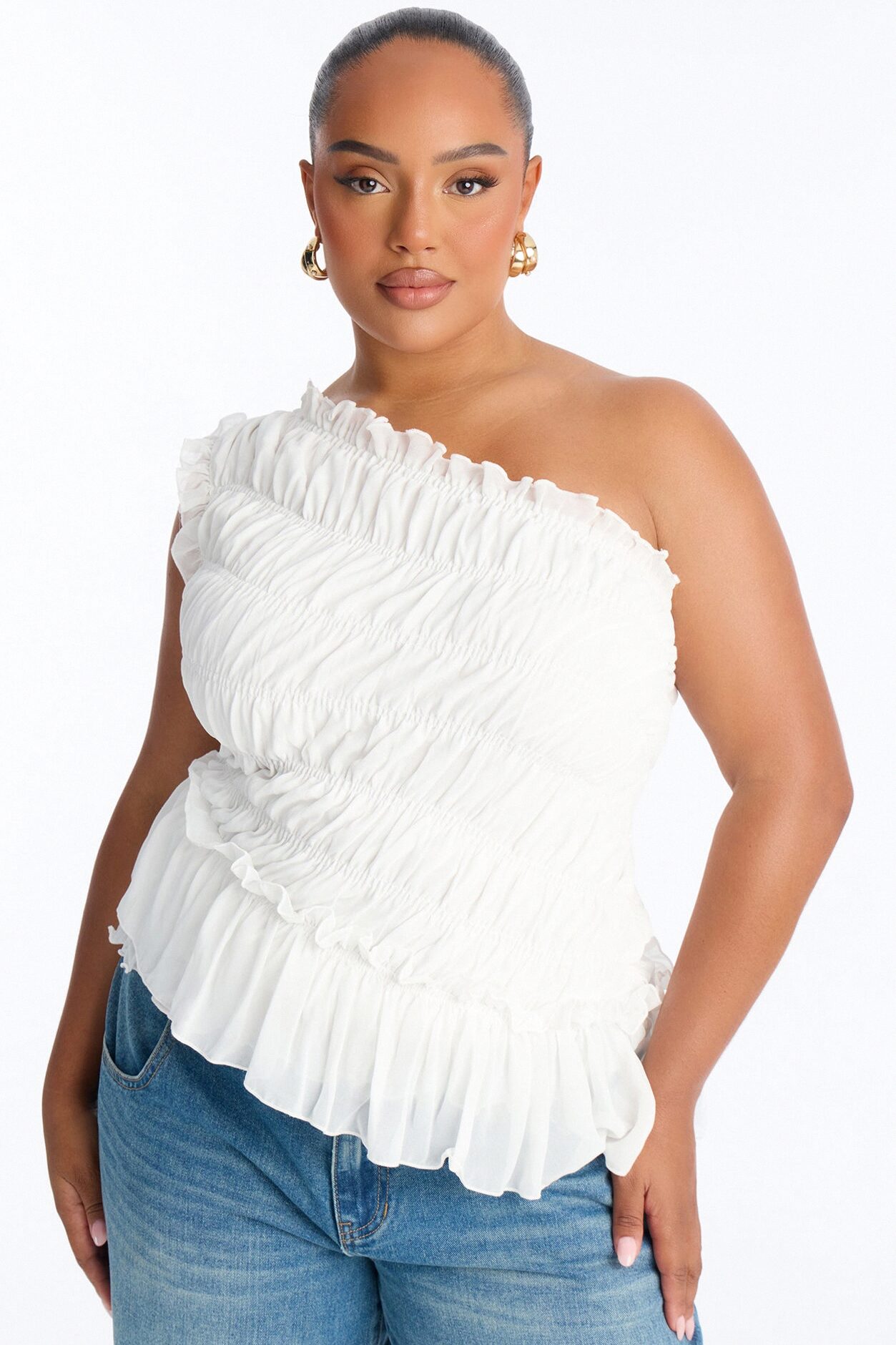 Cutie On Duty One Shoulder Chiffon Ruffle Top - White