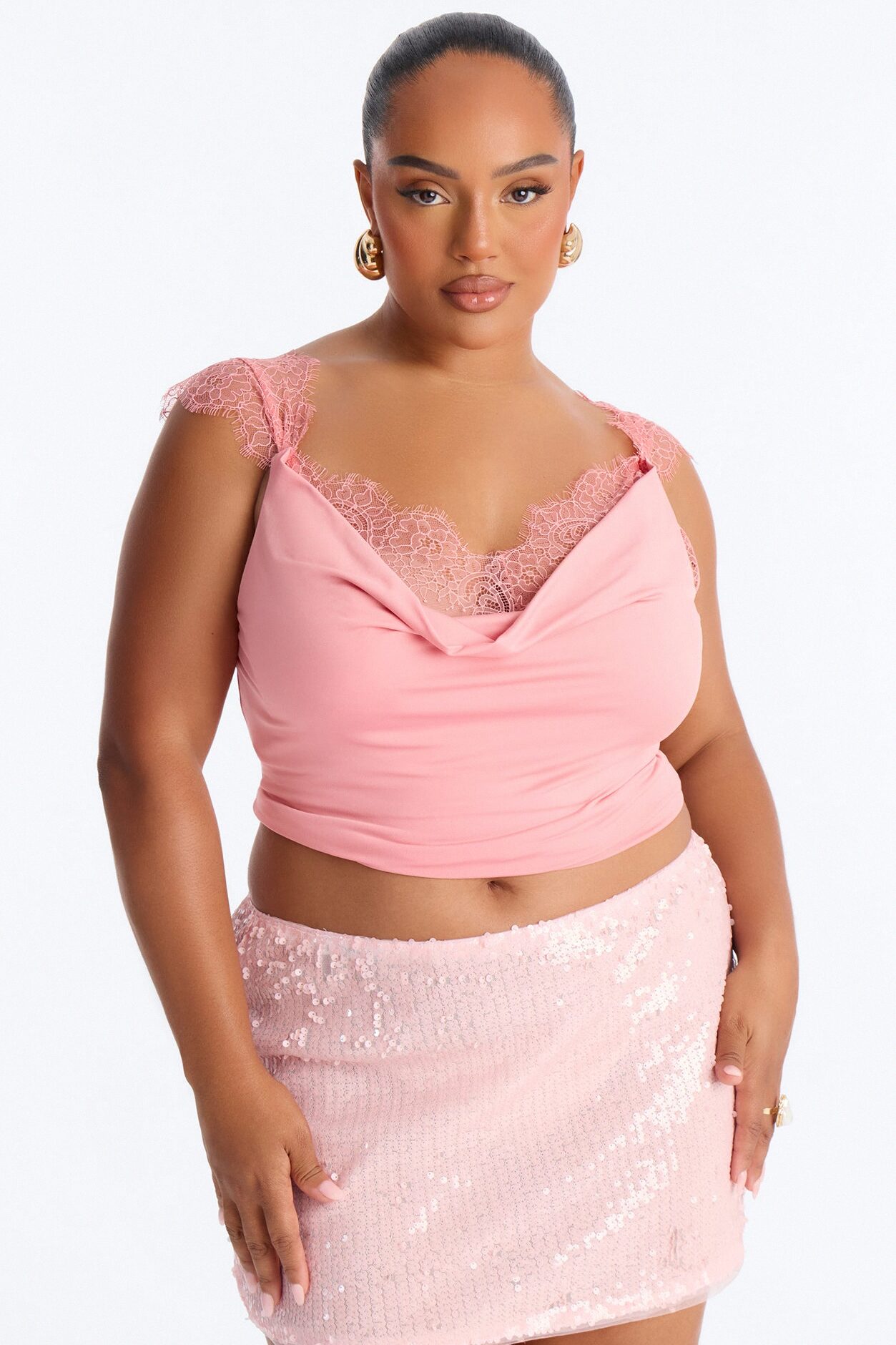 Janet Lace Trim Cowl Tank Top - Pink