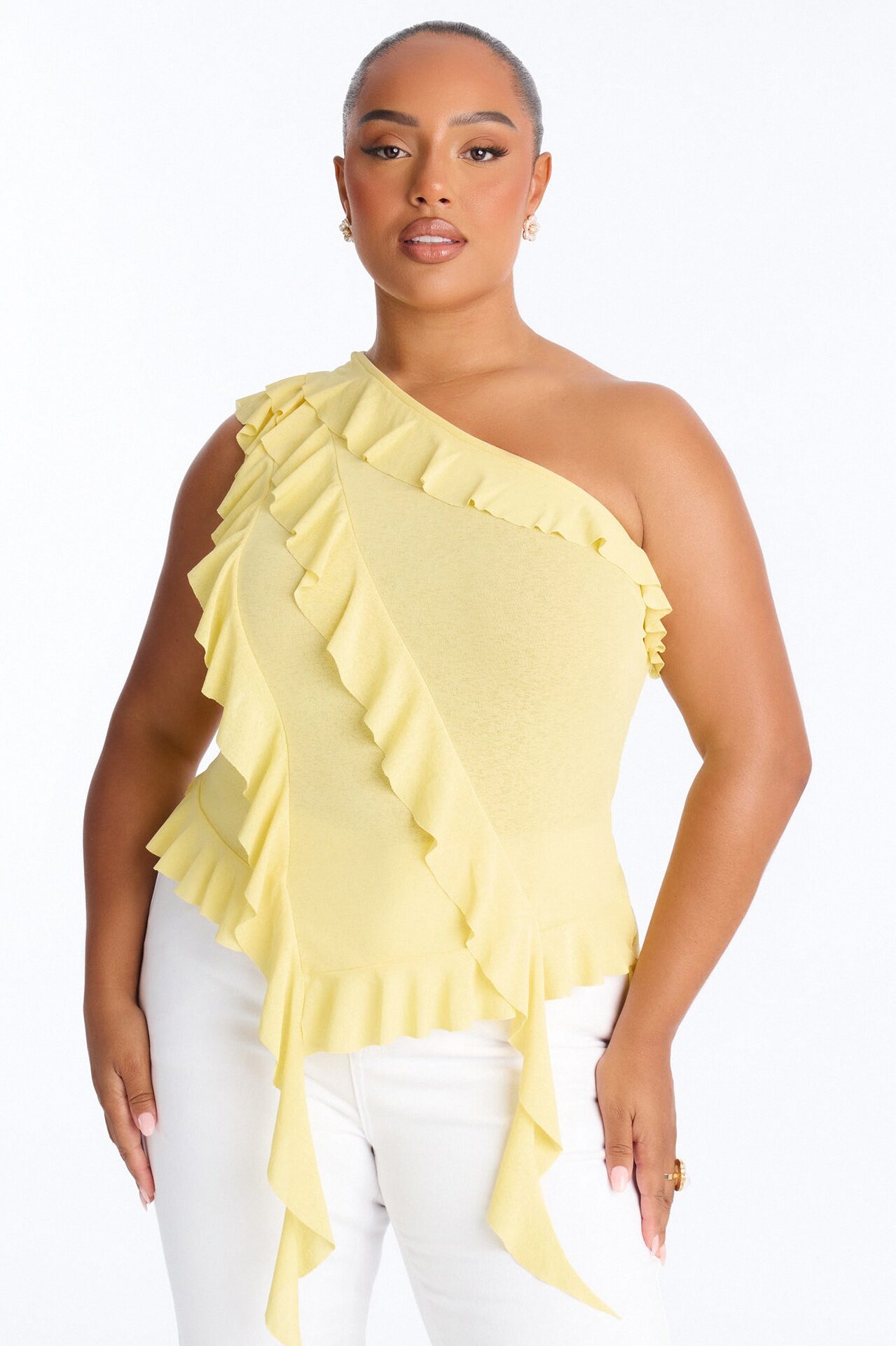 Sicily Ruffle One Shoulder Textured Top - Butter Yellow