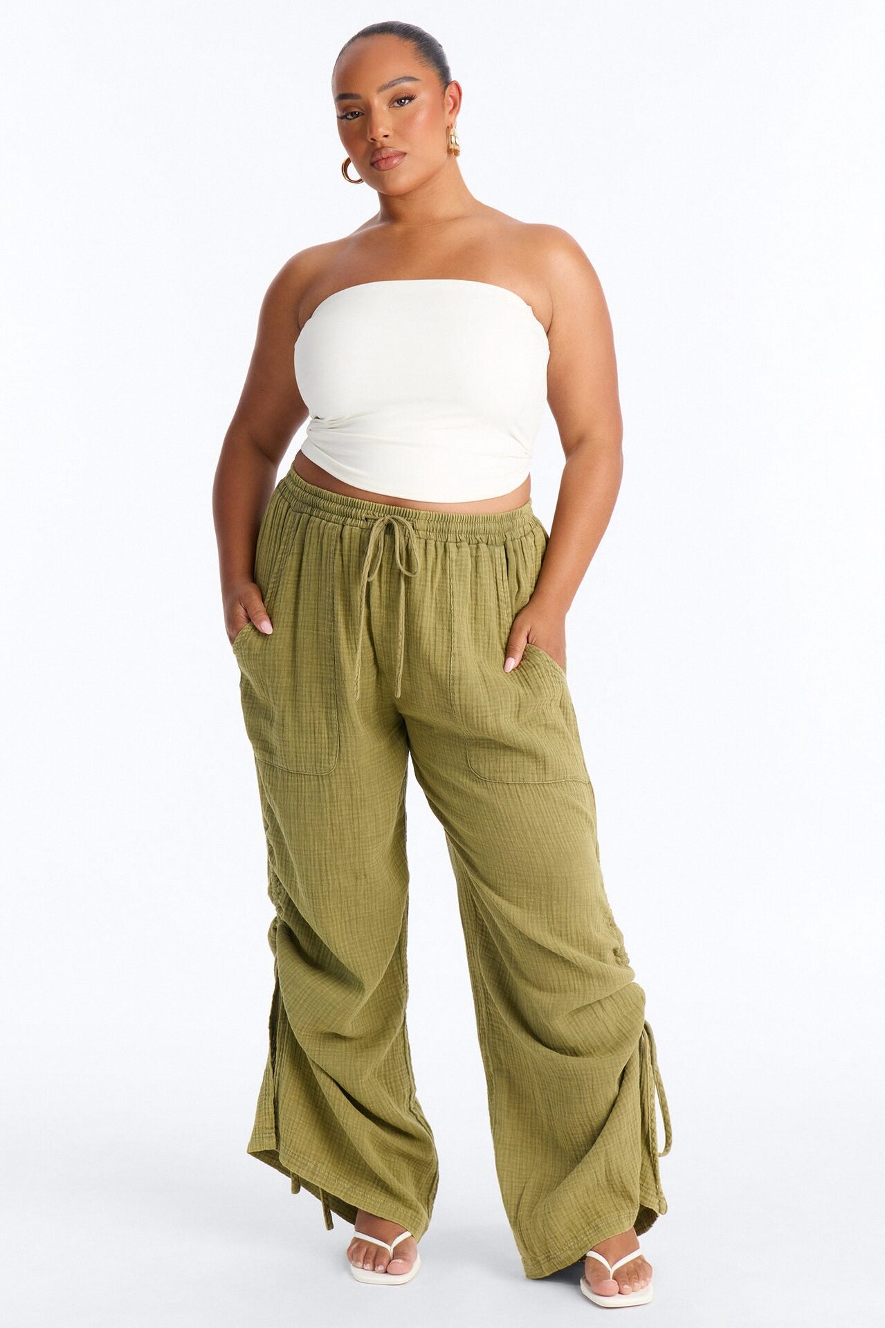 Kayla Mid Rise Washed Gauze Wide Leg Pant - Olive