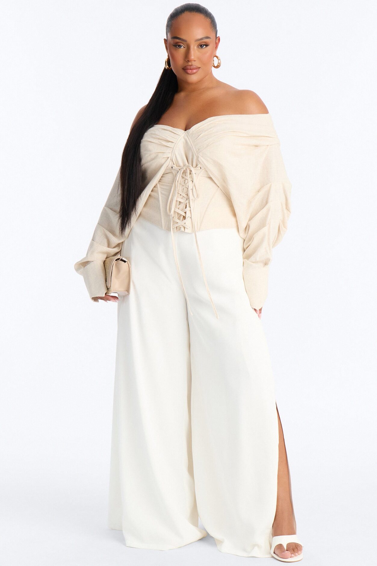 Her Era Off Shoulder Lace Up Linen Corset - Beige